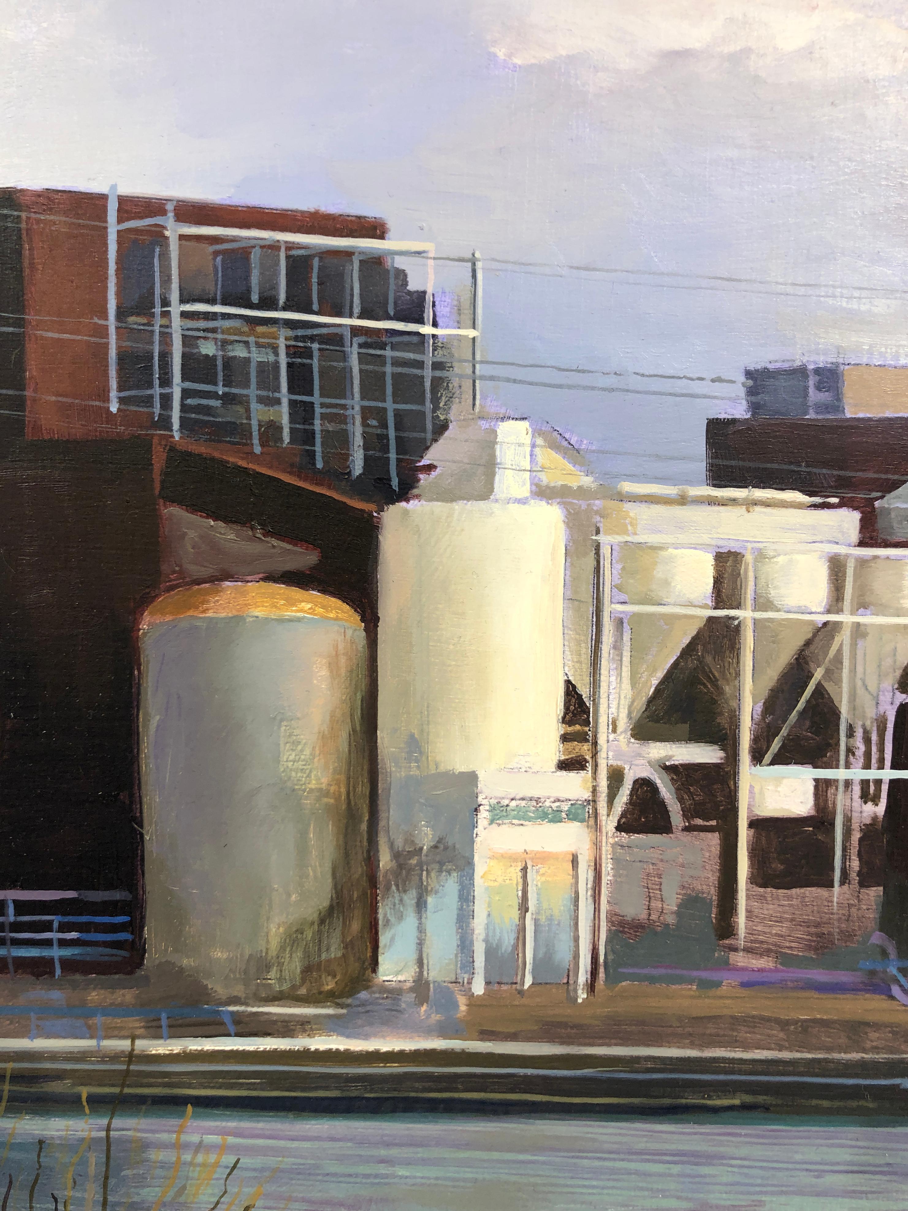 Peinture à l'huile originale South Branch Chicago River, rivière, ciel, zone industrielle en vente 6