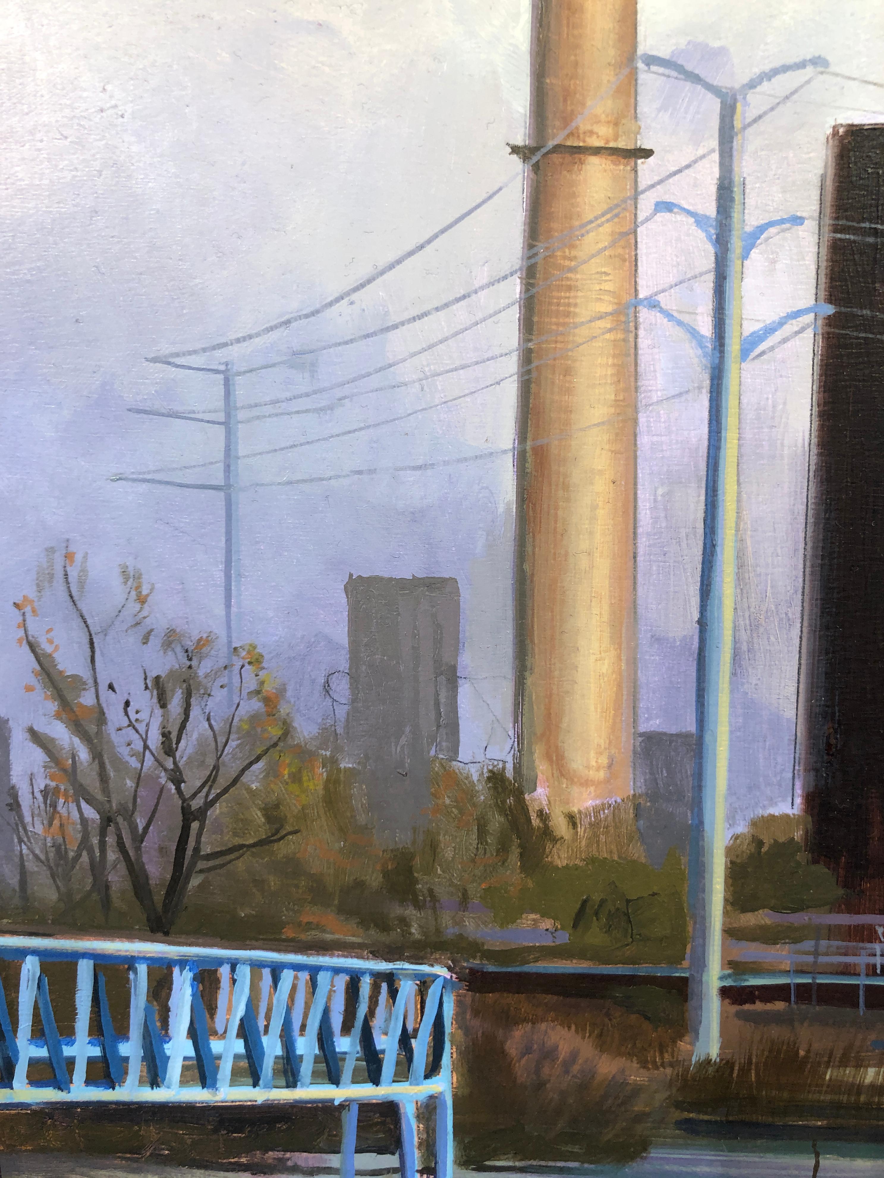 Peinture à l'huile originale South Branch Chicago River, rivière, ciel, zone industrielle en vente 7