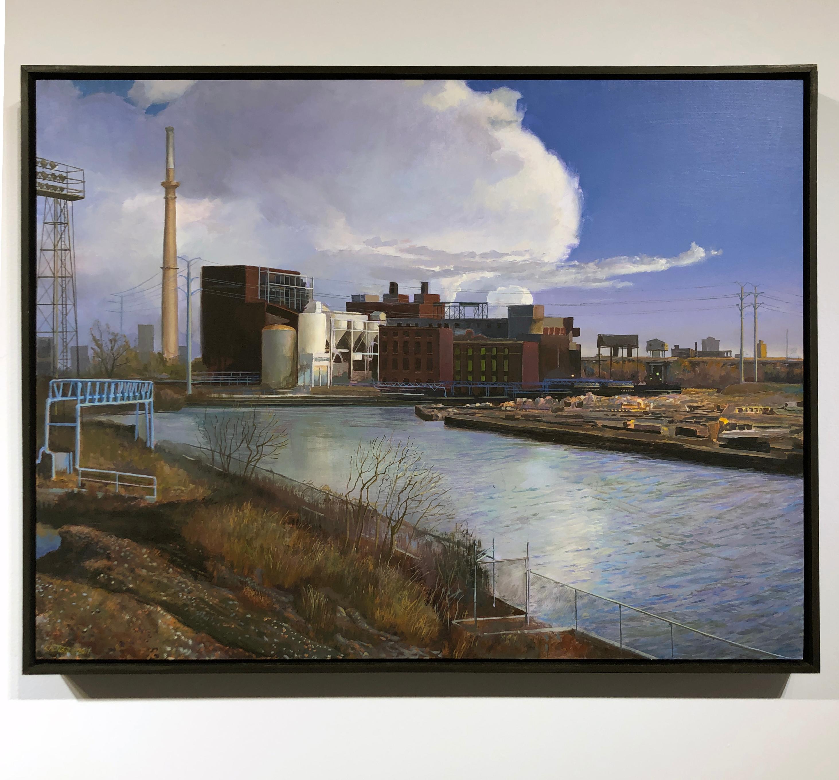 Peinture à l'huile originale South Branch Chicago River, rivière, ciel, zone industrielle - Painting de Art Chartow