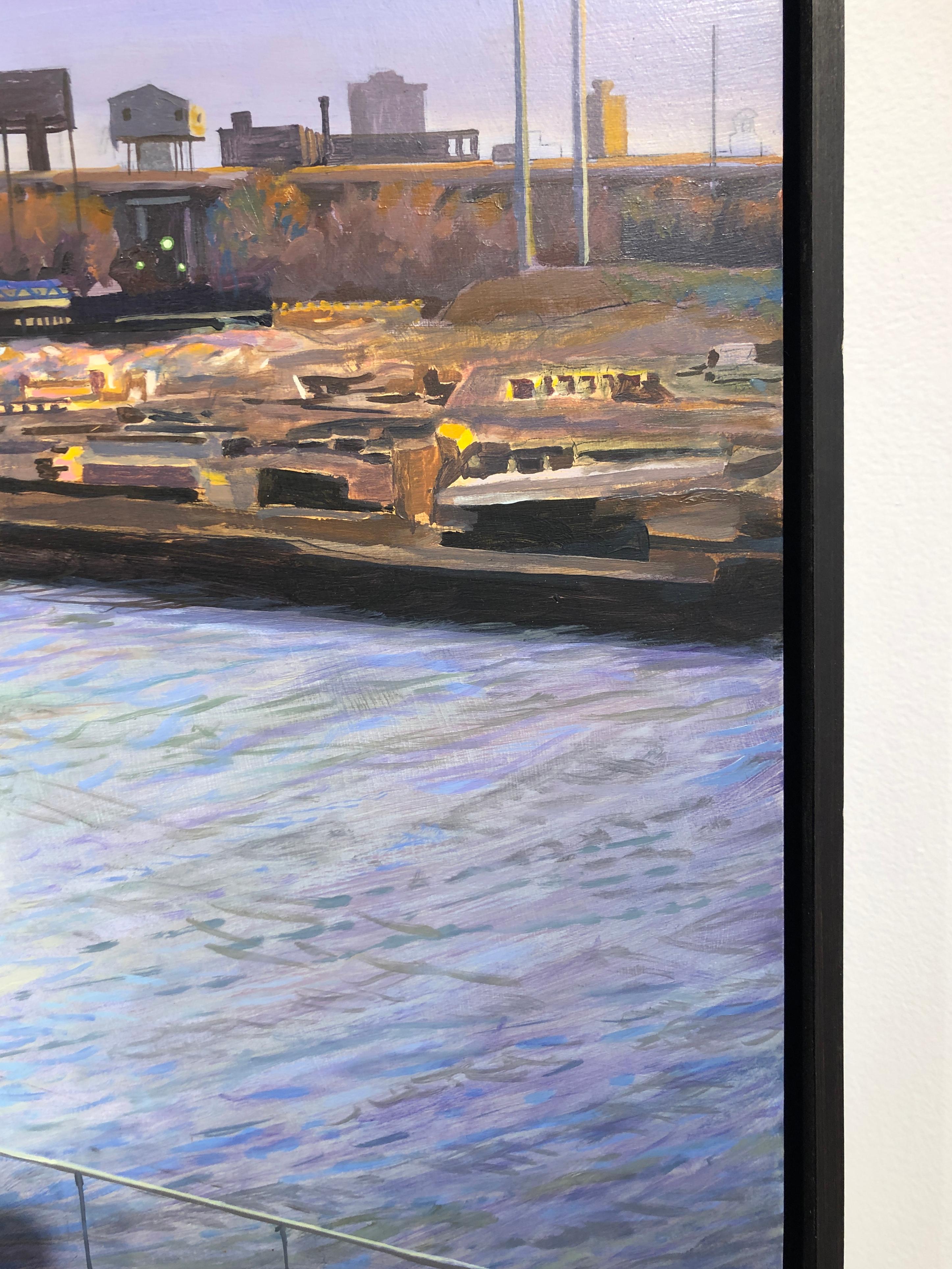 South Branch Chicago River - Original Oil Painting, River, Sky, Industrial Area - Gray Landscape Painting by Art Chartow