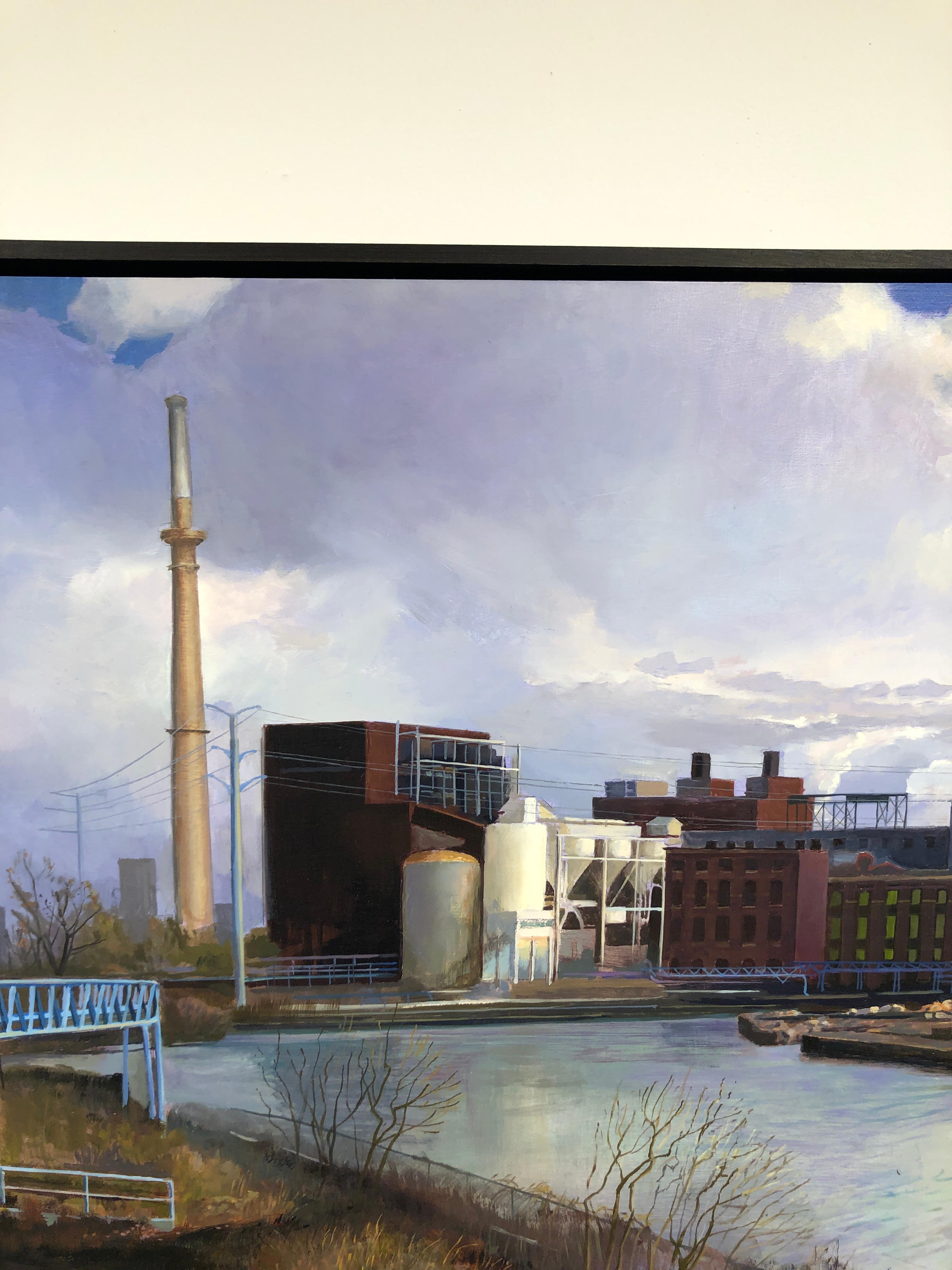 Peinture à l'huile originale South Branch Chicago River, rivière, ciel, zone industrielle en vente 2