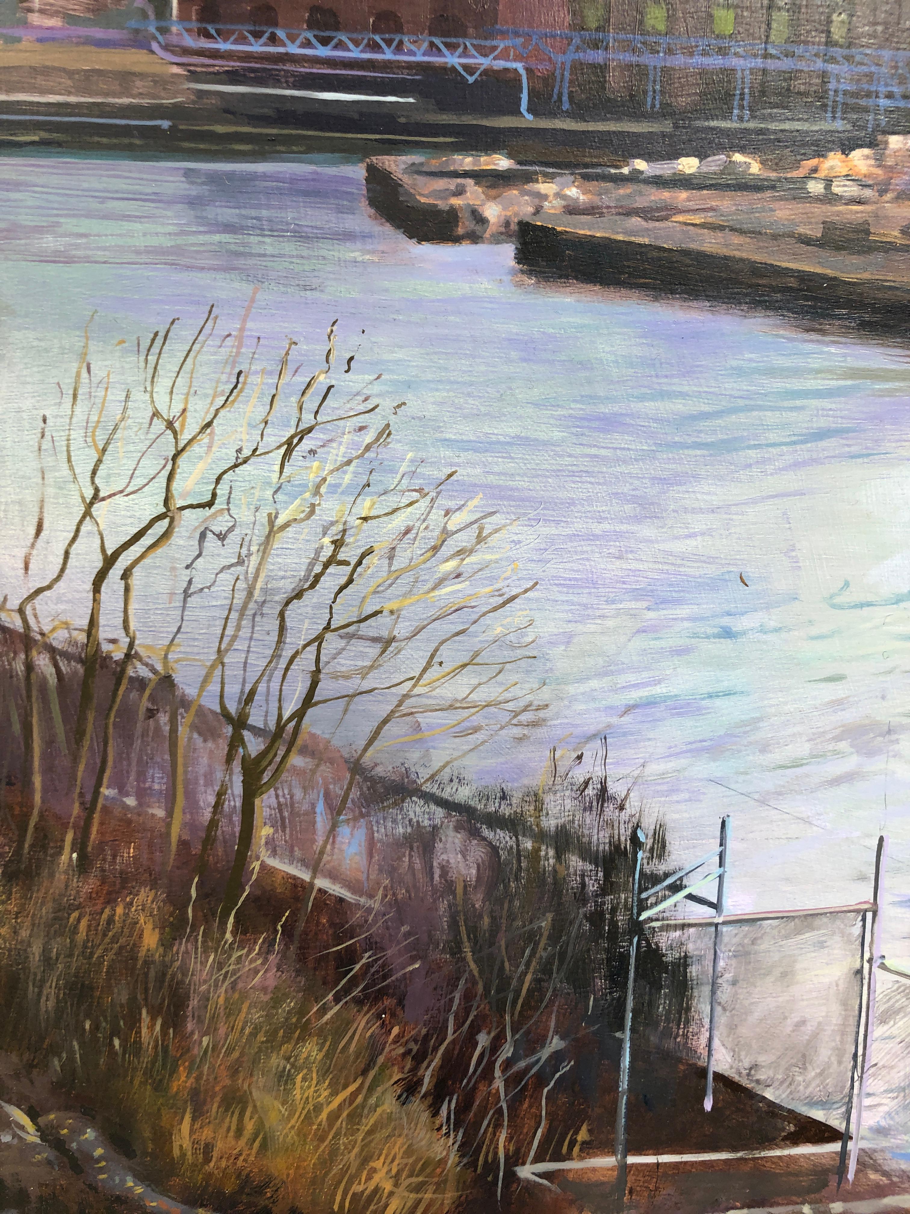 Peinture à l'huile originale South Branch Chicago River, rivière, ciel, zone industrielle en vente 5