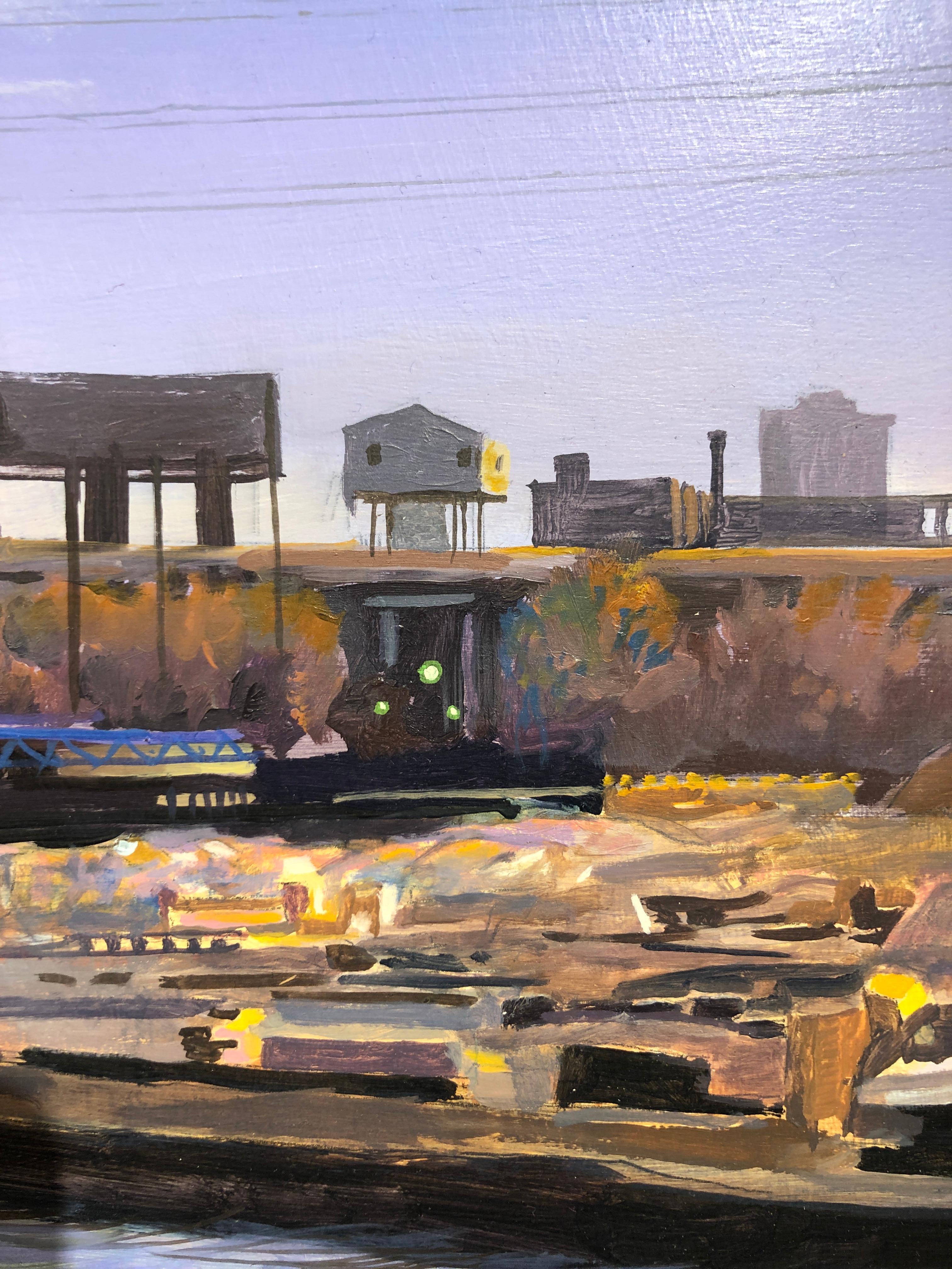 Peinture à l'huile originale South Branch Chicago River, rivière, ciel, zone industrielle en vente 8