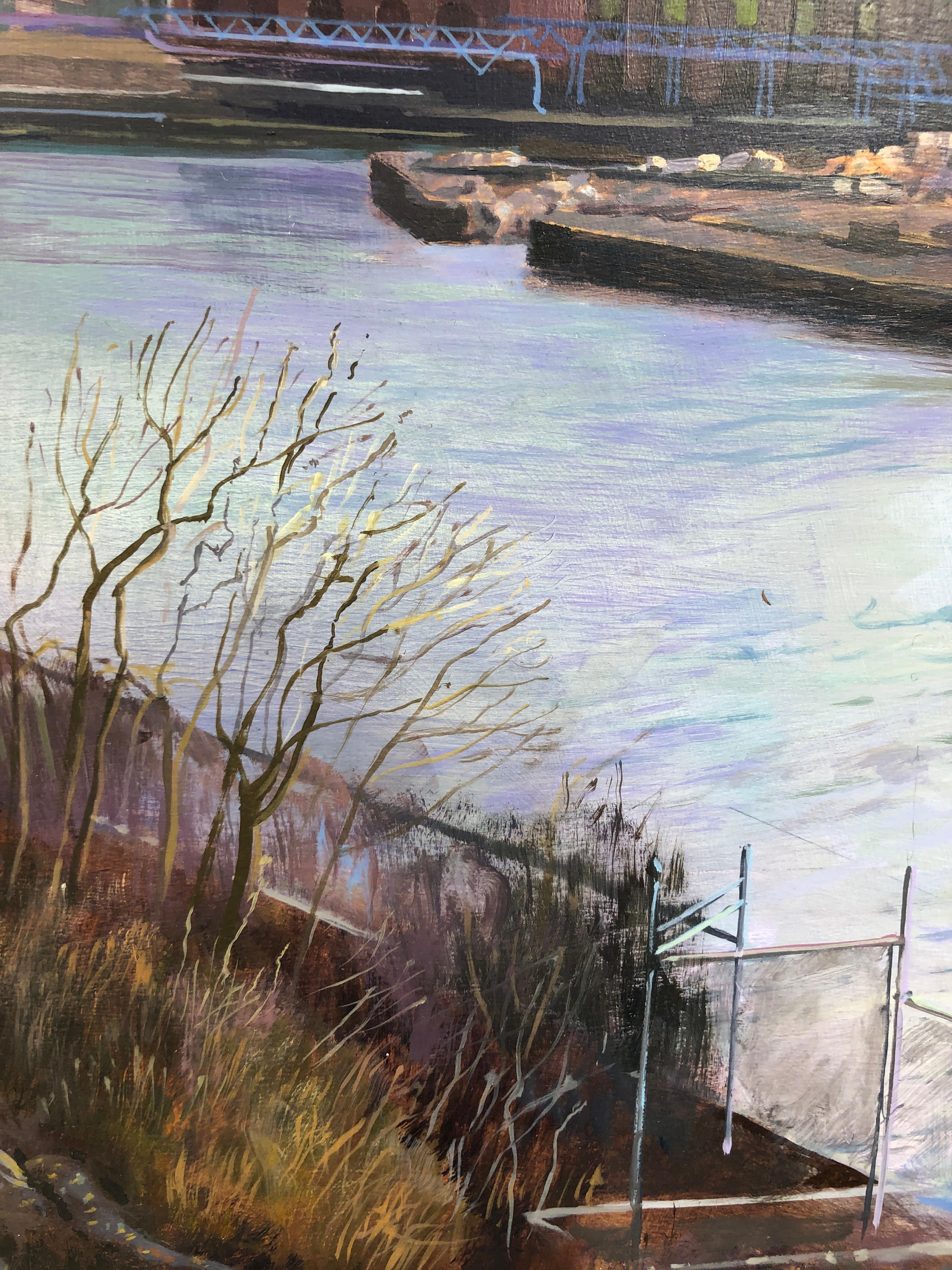 Peinture à l'huile originale South Branch Chicago River, rivière, ciel, zone industrielle en vente 4