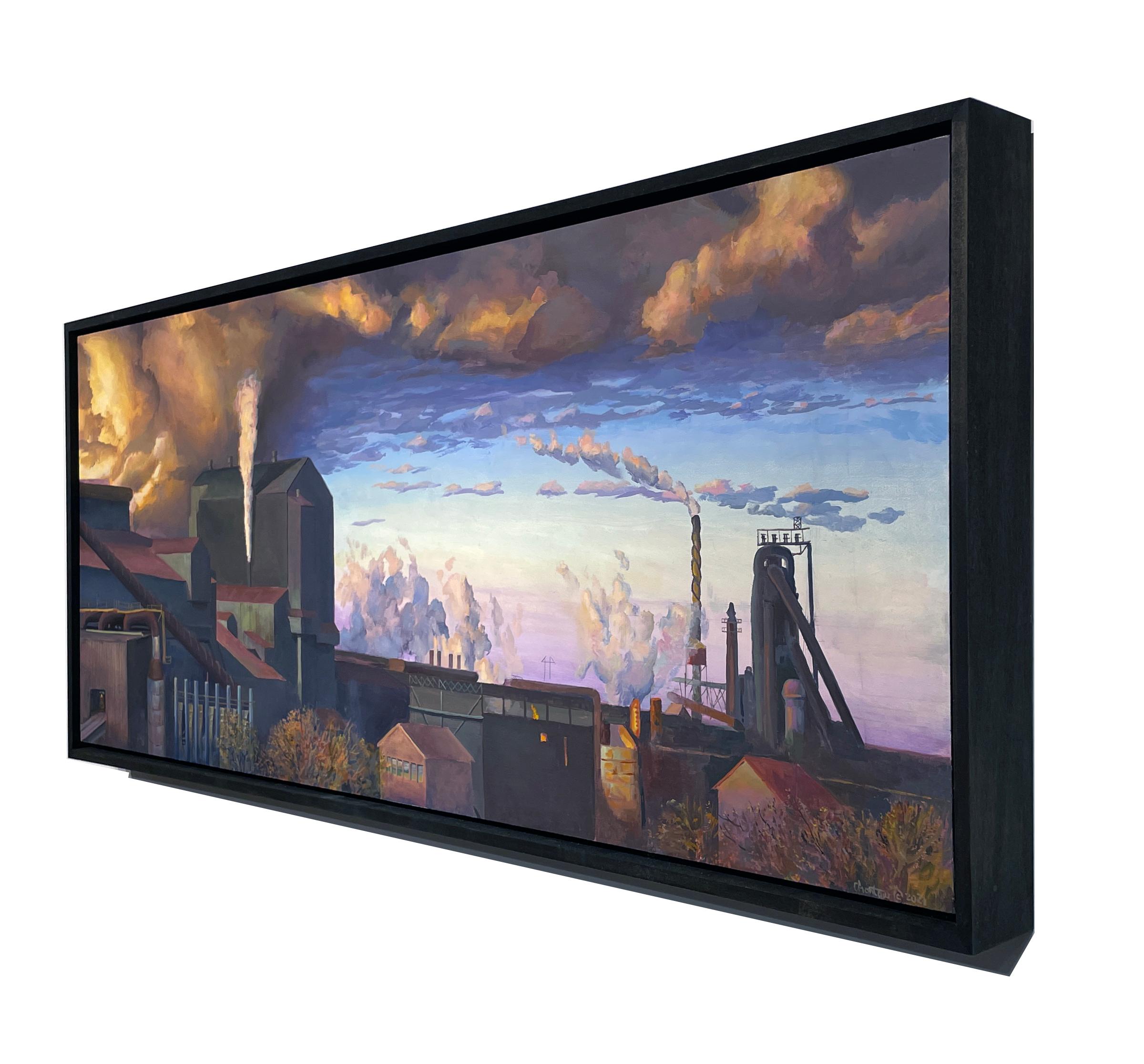 Acerías de Gary - Paisaje industrial urbano, fábricas con cielo dramático - Painting de Art Chartow