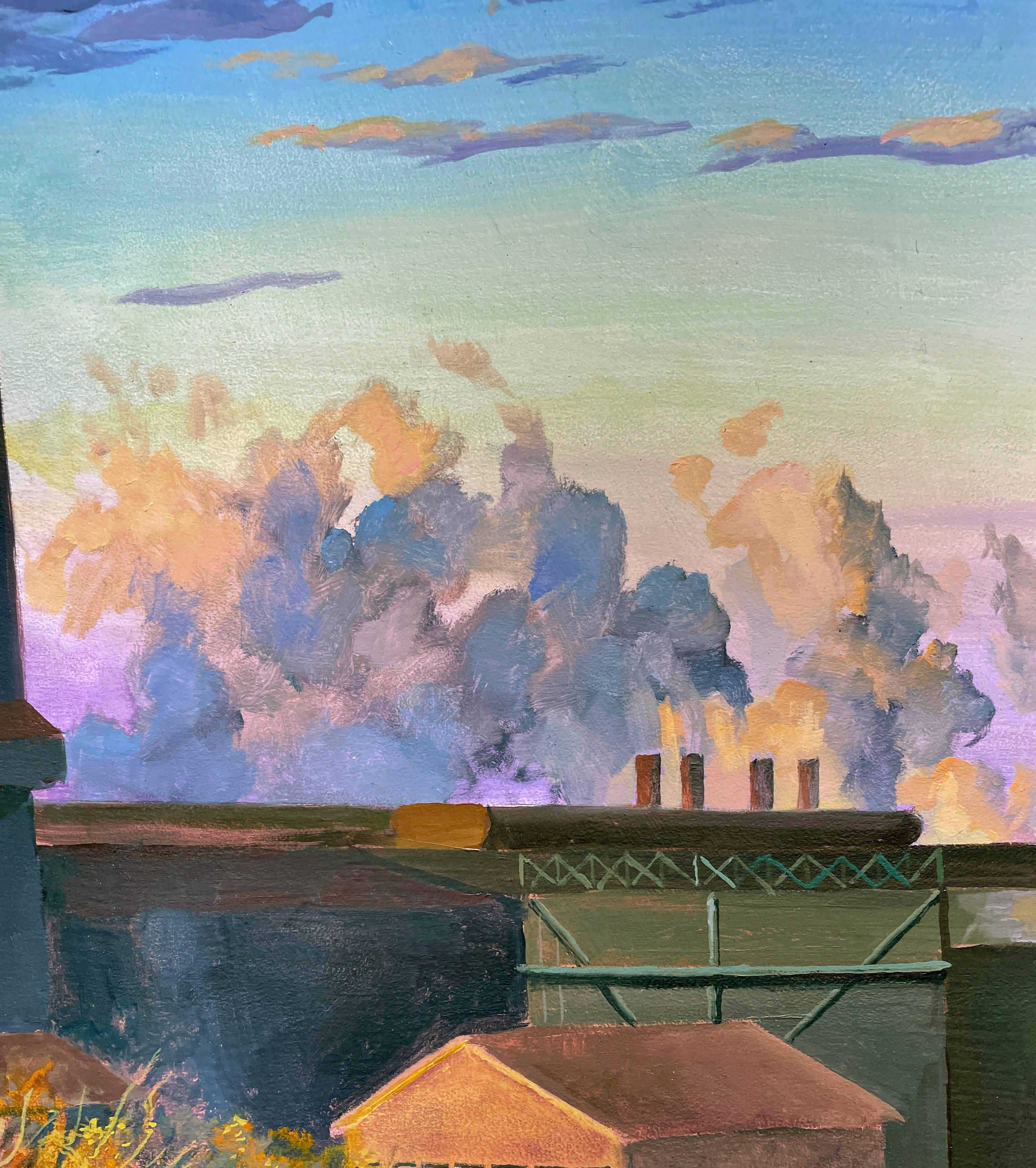  Steel Mills of Gary - Urban Industrial Landscape, Factories with Dramatic Sky - Gray Landscape Painting by Art Chartow