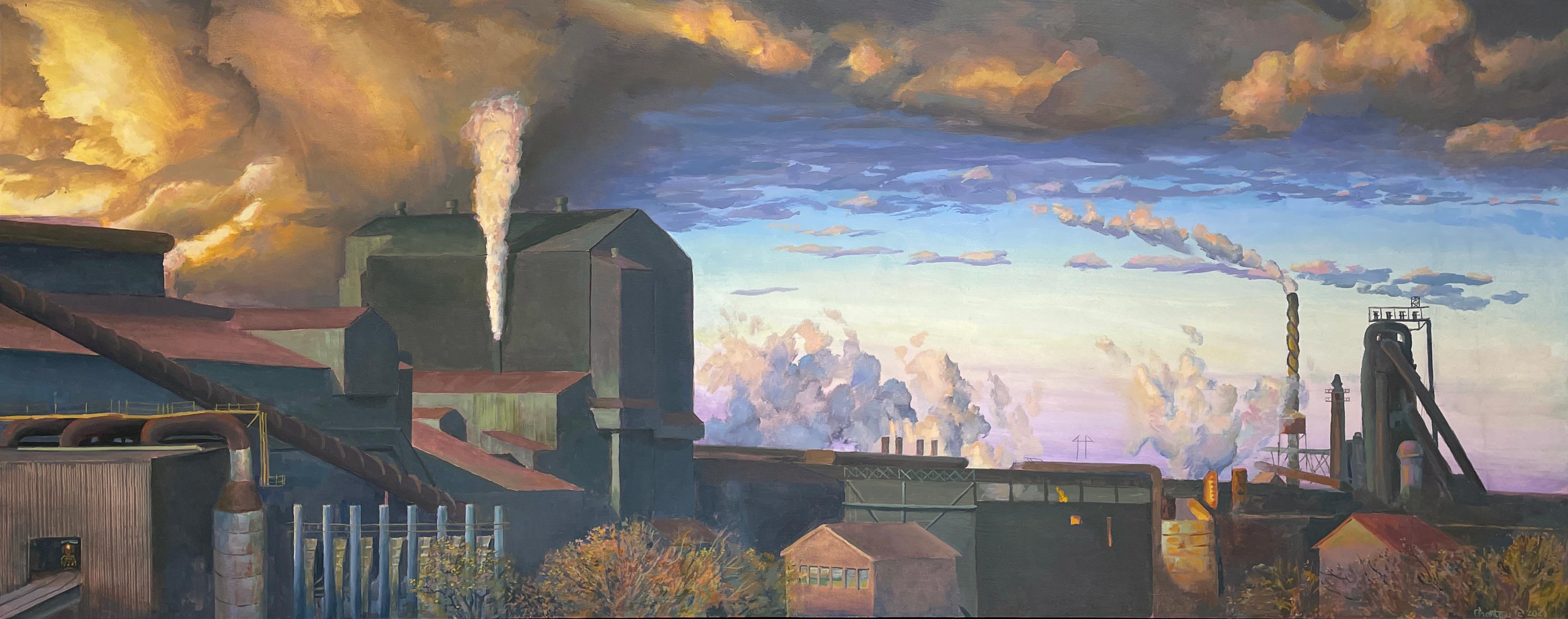 Art Chartow Landscape Painting -  Steel Mills of Gary - Urban Industrial Landscape, Factories with Dramatic Sky