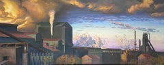  Stahlmühlen von Gary – urbane Industrielandschaft in der Stadt Gary, Fabriken mit dramatischem Himmel