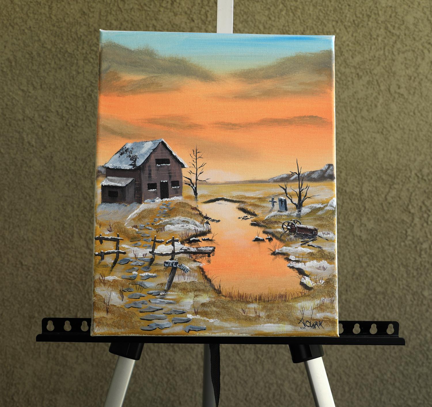 <p>Artist Comments<br />A timeworn farmhouse stands quietly on a snow-kissed prairie, its silhouette warmed by the glow of a vivid sunset. Reflections shimmer in the still pond nearby, while soft light spills across the vast, open land. Though