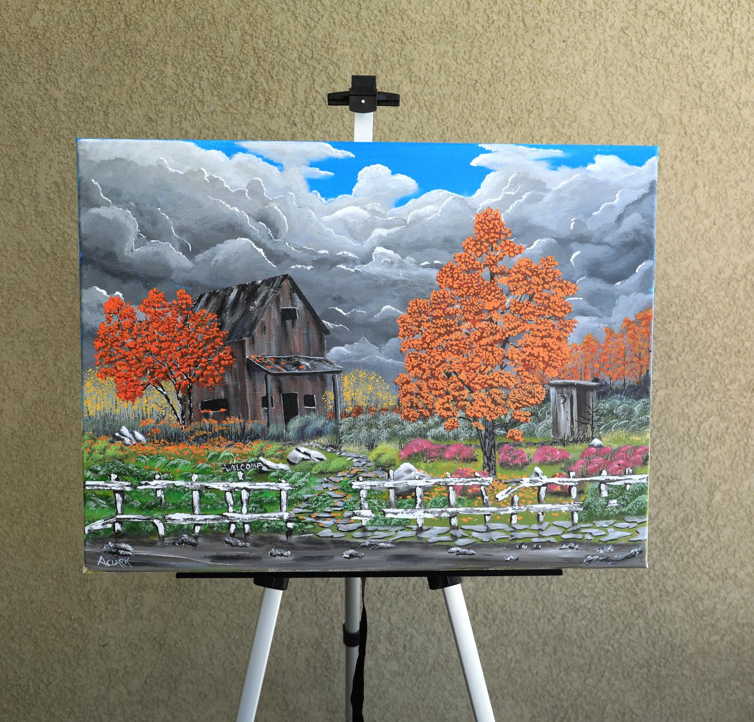 <p>Artist Comments<br>This painting vividly captures an old, abandoned farmhouse in disrepair, its weathered wood a testament to time. Beside it, a rickety outhouse leans, equally neglected. Above, dramatic storm clouds swirl, casting an ominous yet