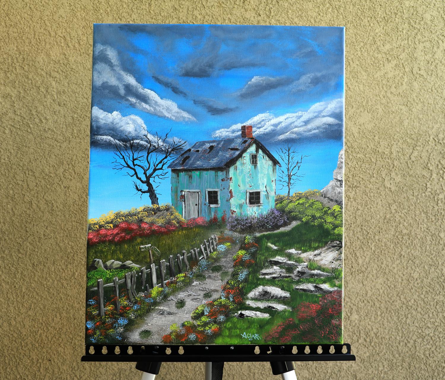 <p>Artist Comments<br>An abandoned house stands in solitude atop a mountain, its peeling paint and broken roof telling stories of time gone by. Wildflowers scatter around. Twisted trees and story clouds add a sense of mystery. An artist once