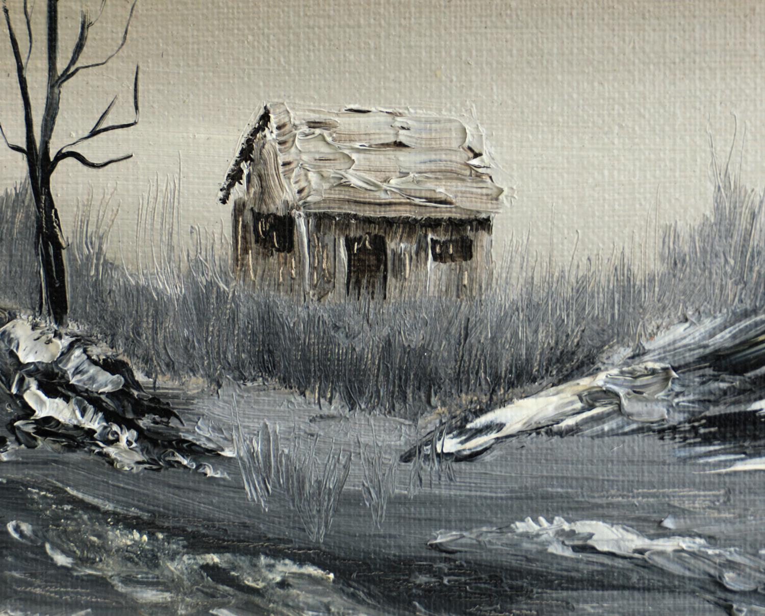 <p>Kommentare des Künstlers<br>Eine einsame, verwitterte Hütte steht ruhig in einer weiten, offenen Wüste. Kahle Bäume ragen in die Höhe, während der Boden mit Schnee bedeckt ist. Starke Schwarz-WeiÃŸ-TÃ¶ne unterstreichen die Stille der