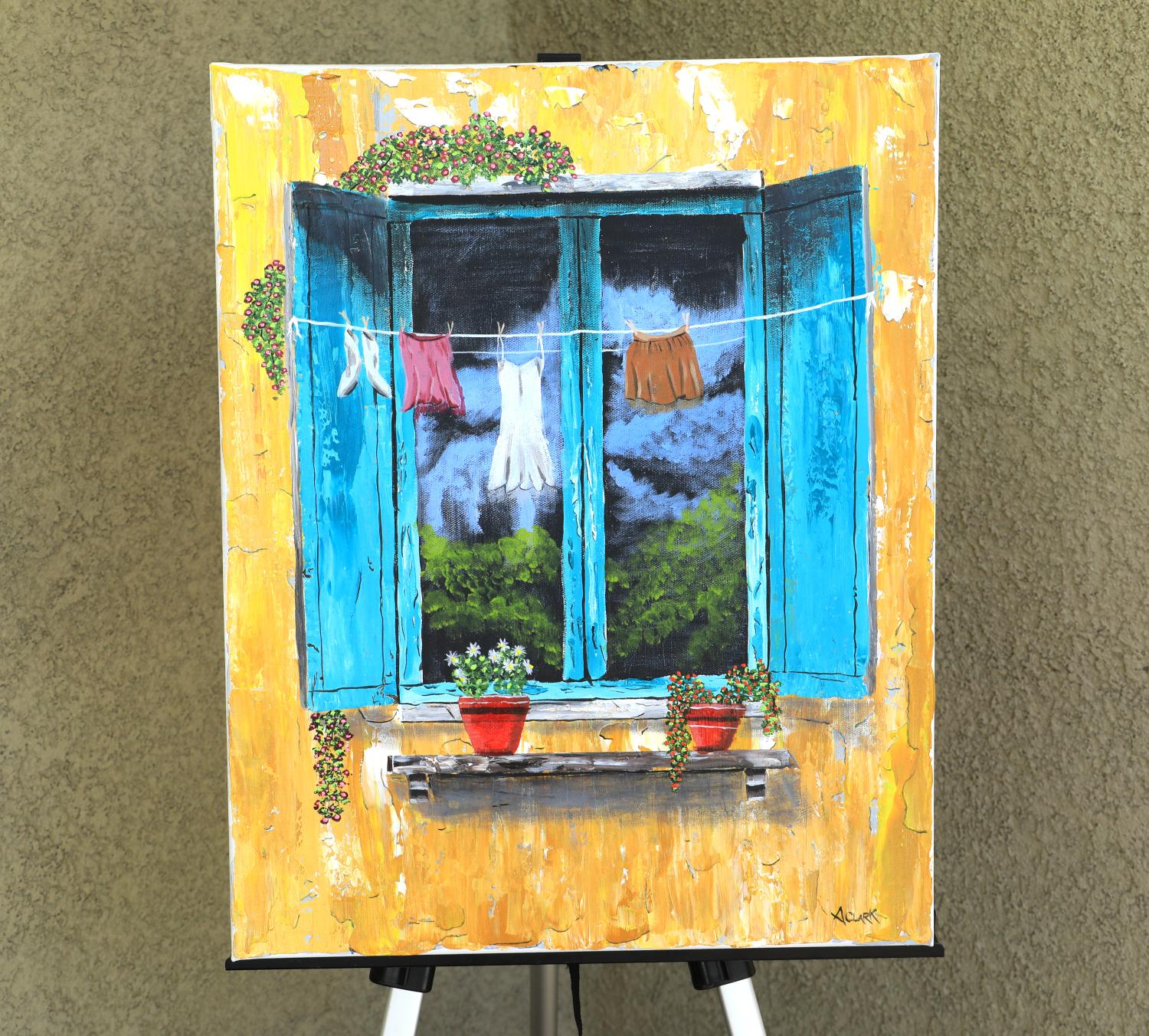<p>Artist Comments<br>With its chipped stucco and faded paint, the cottage conveys a mood of resilience. It stands strong against time, embodying enduring charm and quiet dignity. The clothes hanging between the window and the flower pots add a