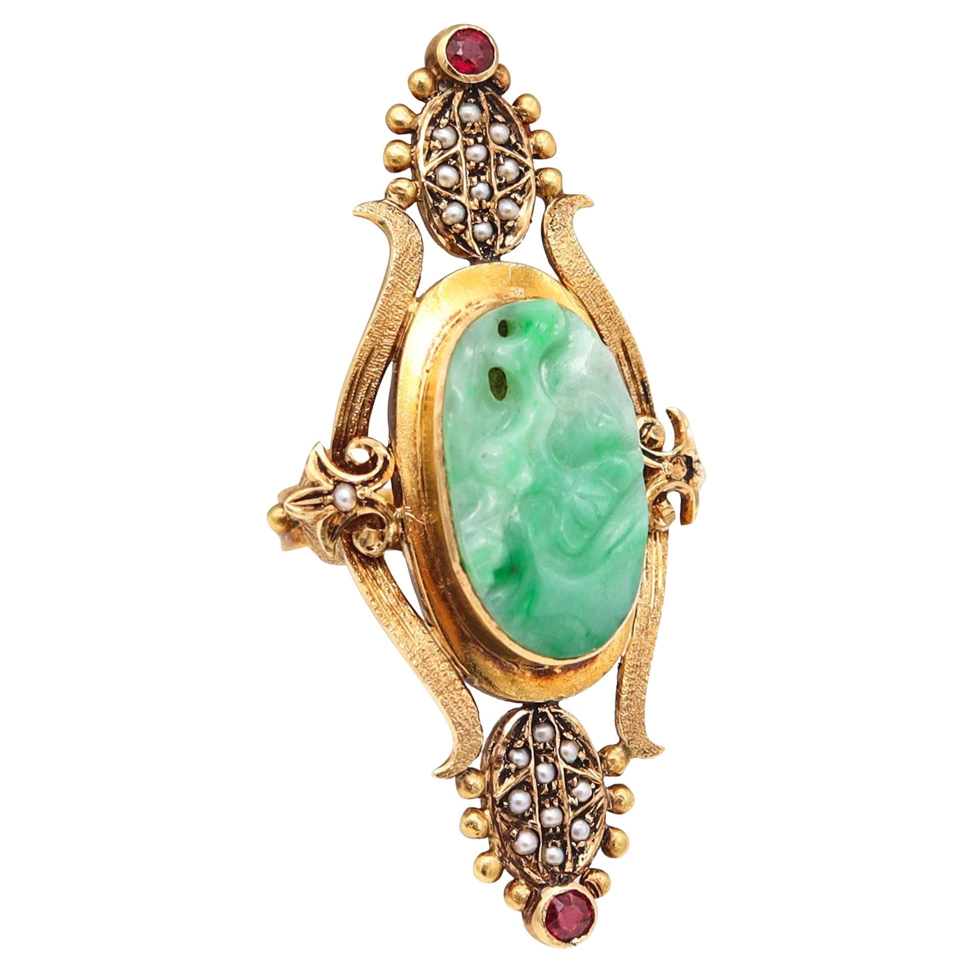 ART & CRAFT 1890 Cocktail Ring aus 18Kt Gelbgold mit Jade Rubinen und Perlen