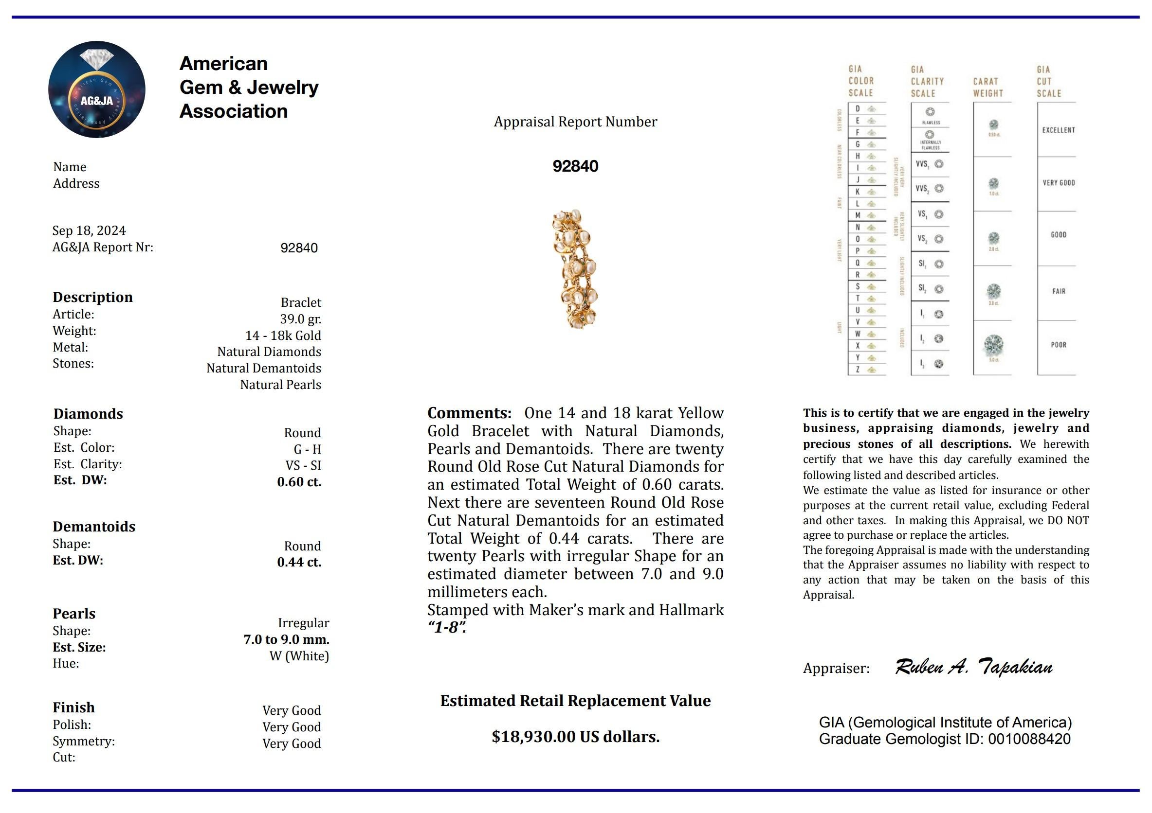ART & CRAFT 1900 Natural Pearls Bracelet In 14Kt Gold With Diamonds & Demantoid For Sale 1