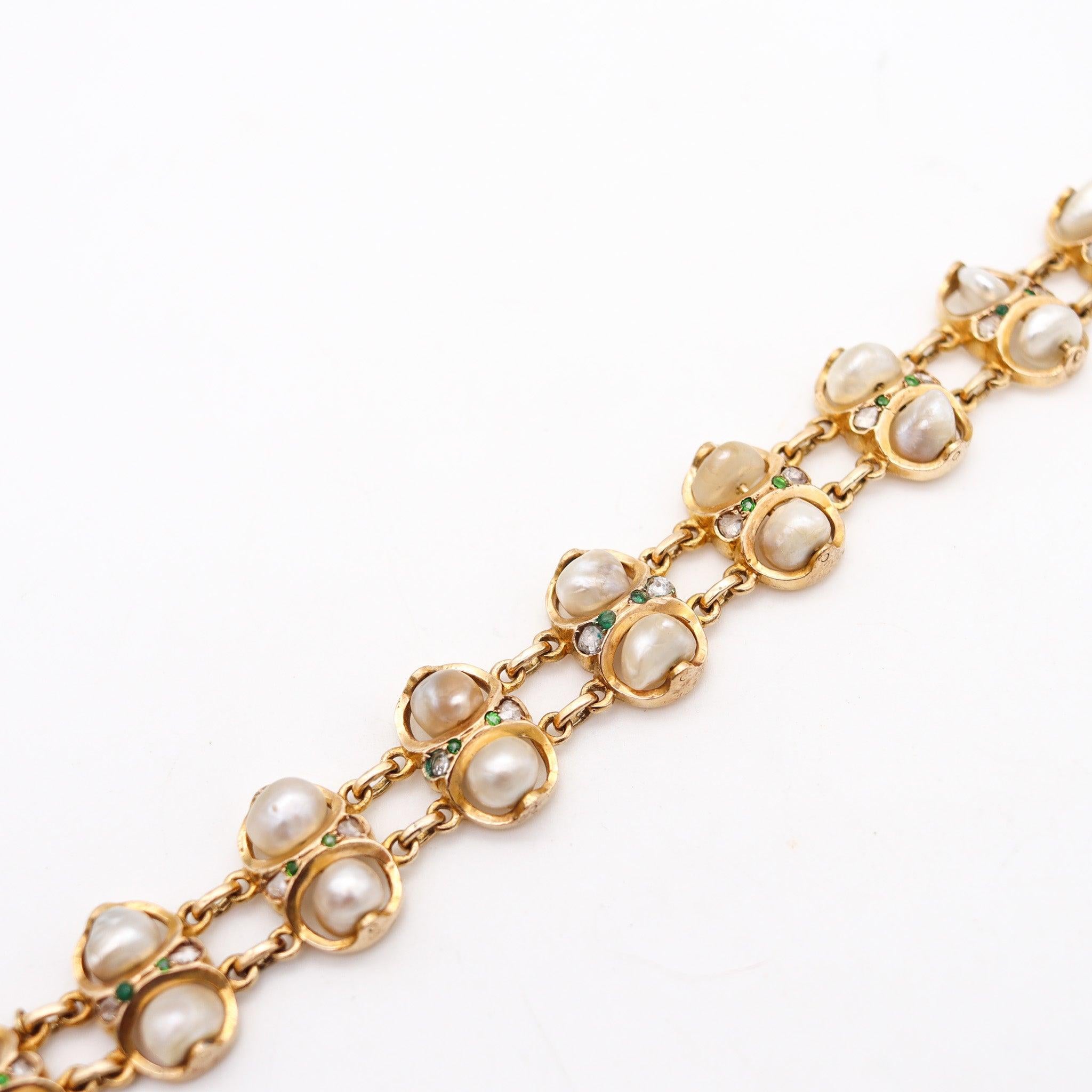 Arts and Crafts ART & CRAFT 1900 Natural Pearls Bracelet In 14Kt Gold With Diamonds & Demantoid For Sale