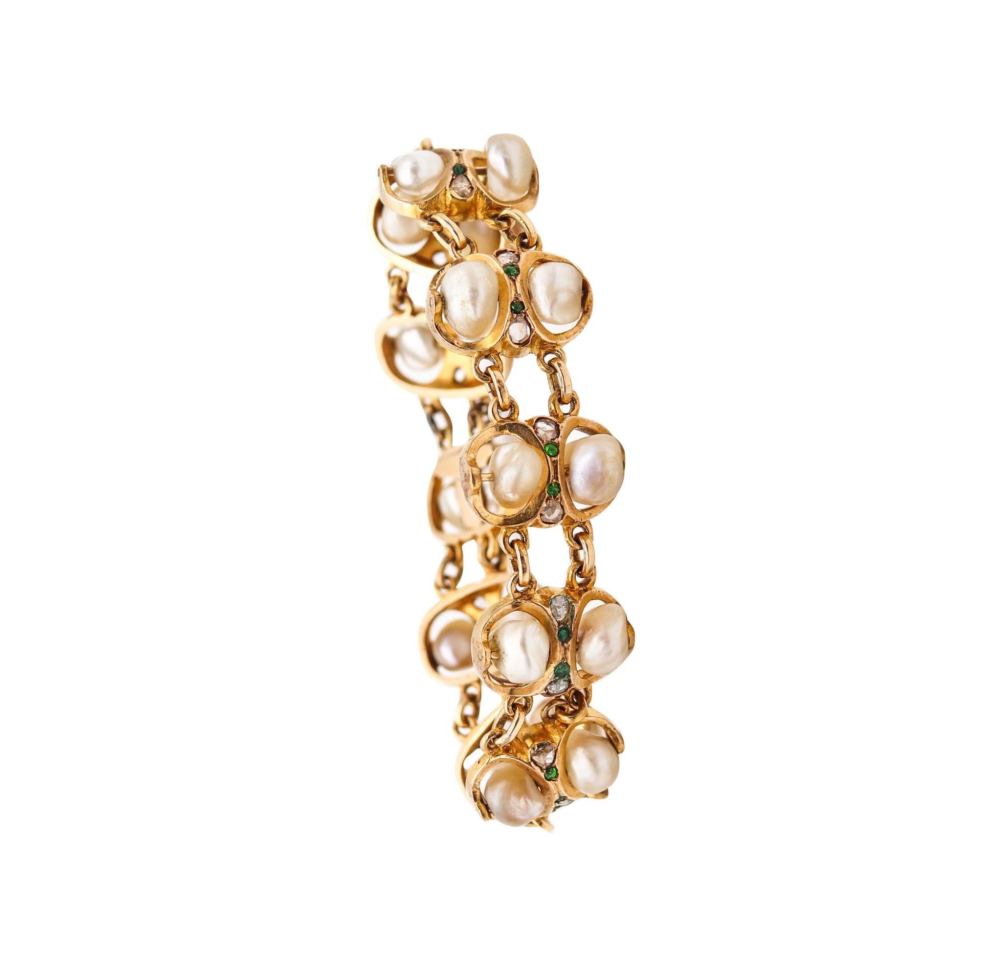 Rose Cut ART & CRAFT 1900 Natural Pearls Bracelet In 14Kt Gold With Diamonds & Demantoid For Sale