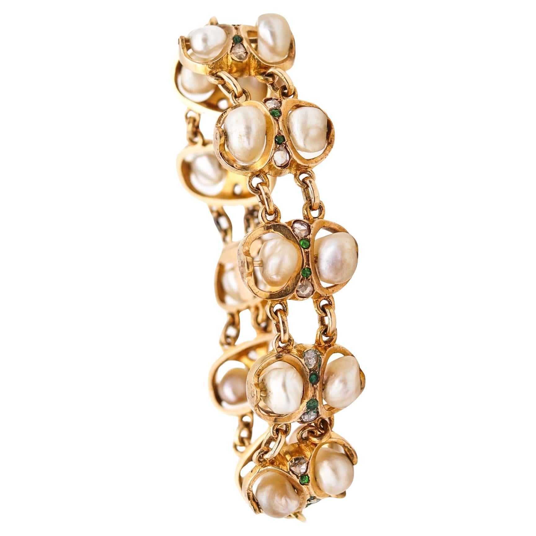 ART & CRAFT 1900 Natural Pearls Bracelet In 14Kt Gold With Diamonds & Demantoid For Sale