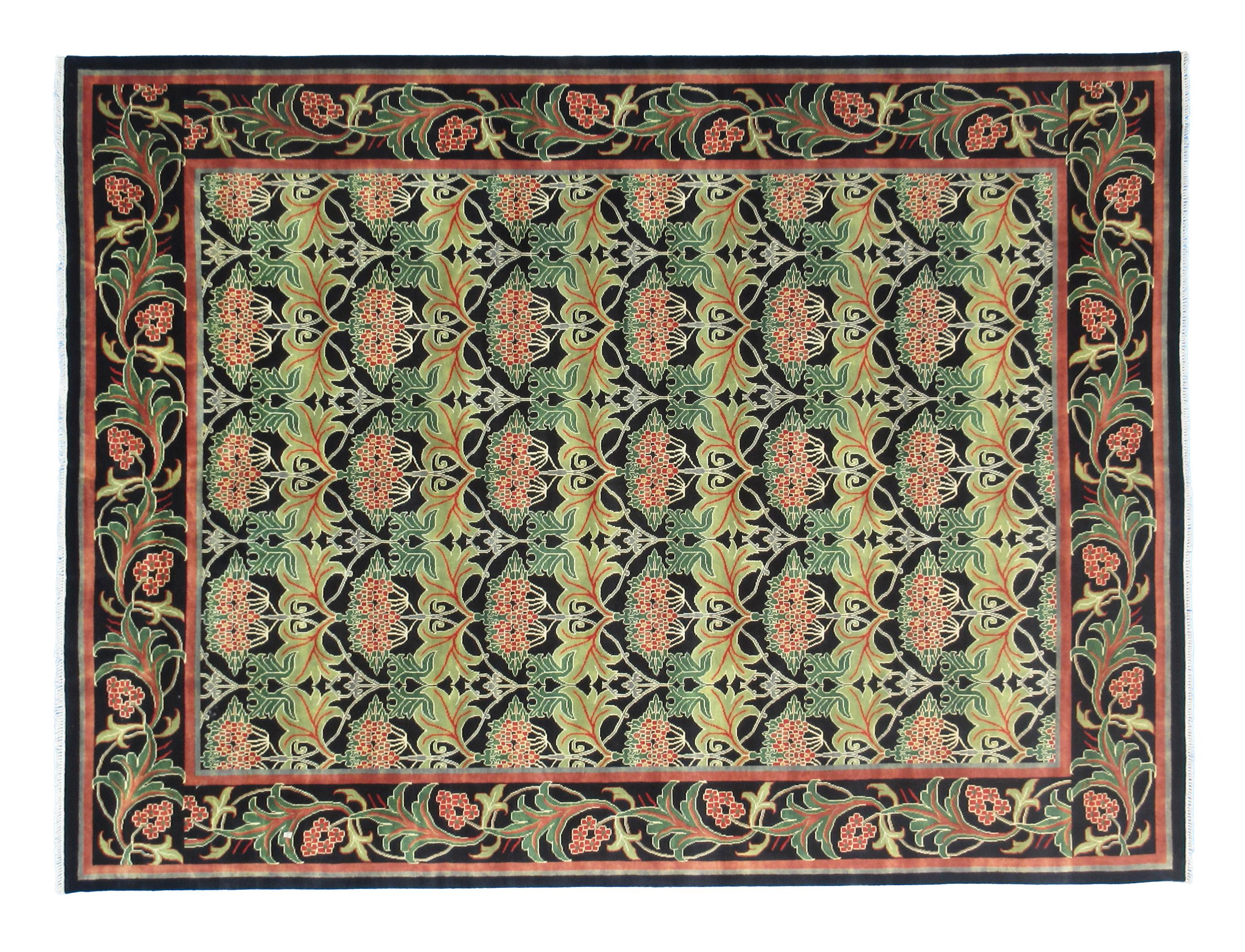 Hand-knotted, wool pile on a cotton foundation.

Field color: Black

Border color: Black

Accent colors: Green, red-orange.