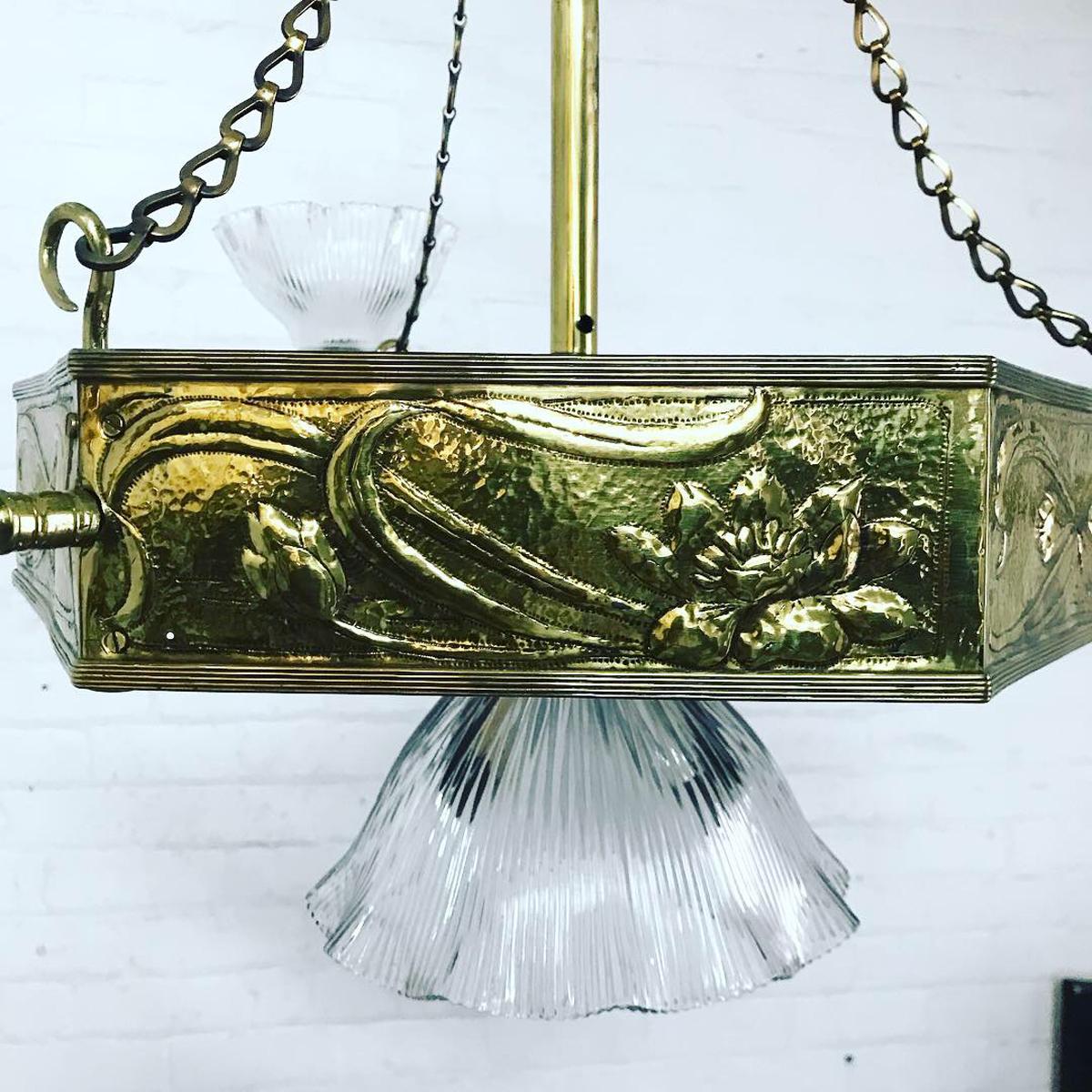 Art & Crafts Brass Hanging Pendant Ceiling Light of Hexagonal Form In Good Condition In Manchester, GB