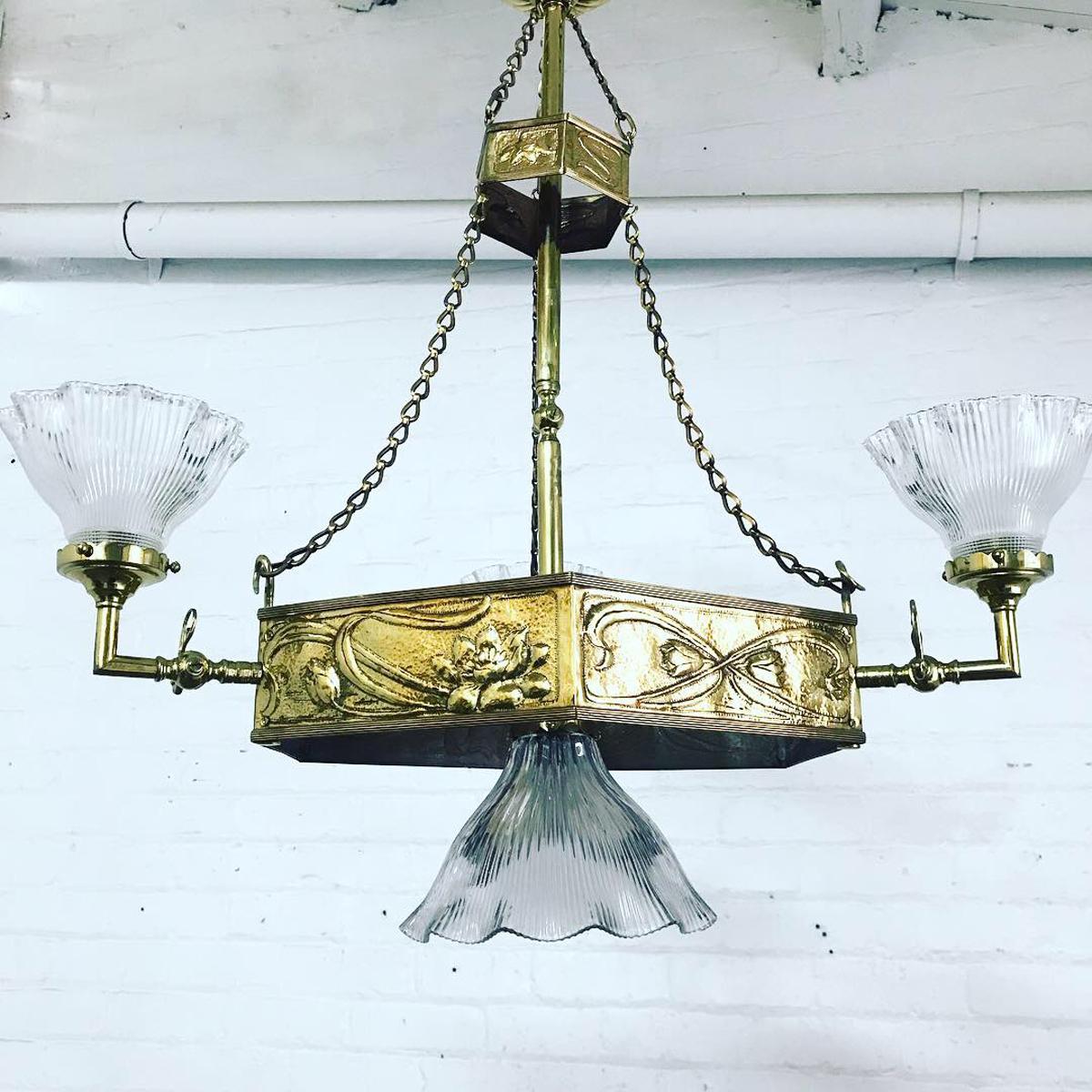 Art & Crafts Brass Hanging Pendant Ceiling Light of Hexagonal Form 2