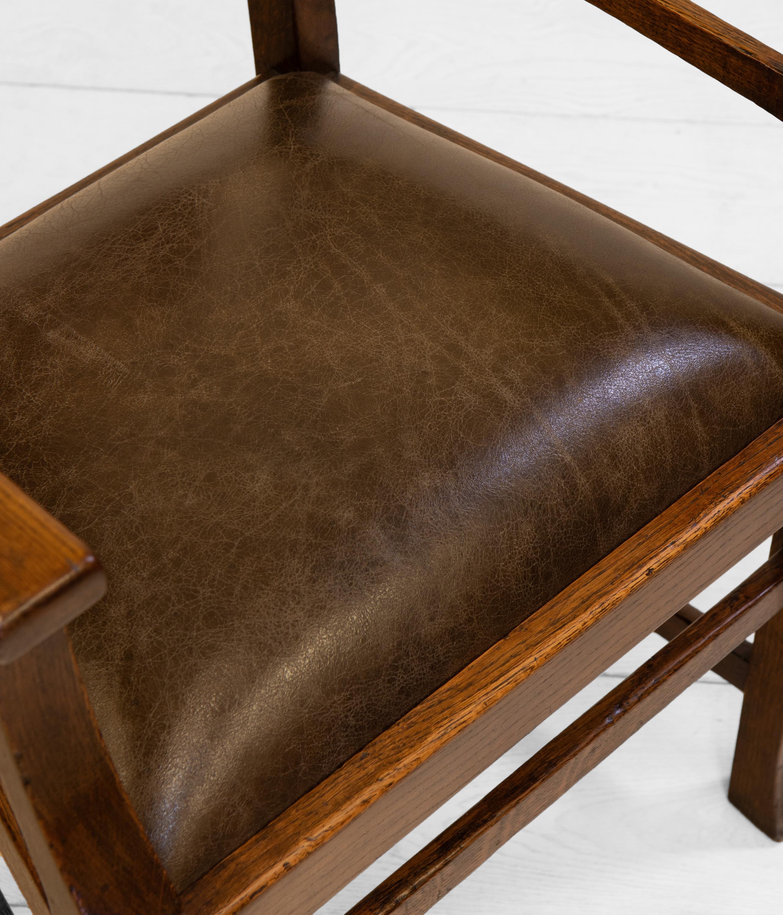 Art & Crafts Oak and Leather Desk Chair In The Richard Riemerschmid Manner 1