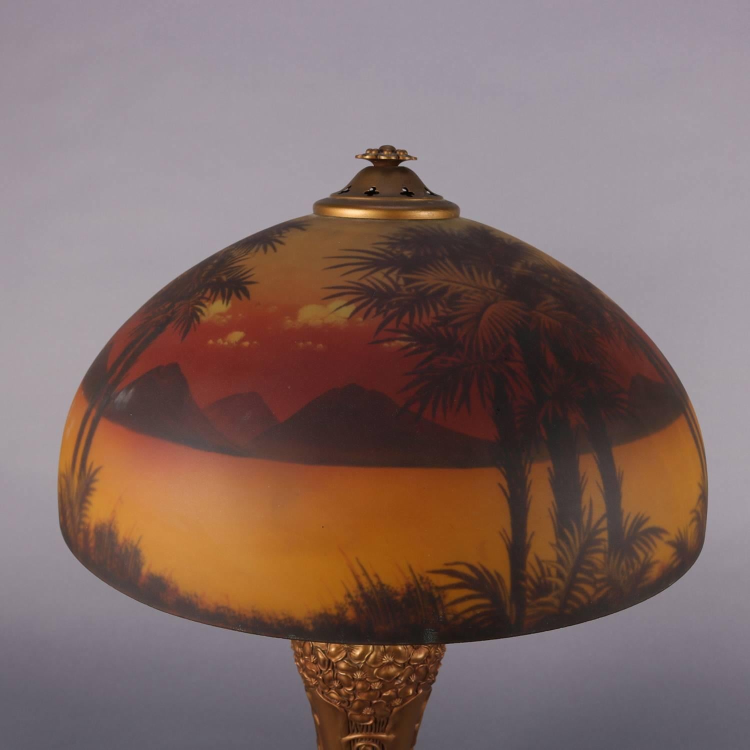 American Art & Crafts Pittsburgh Reverse Painted Phoenix Table Lamp, circa 1910