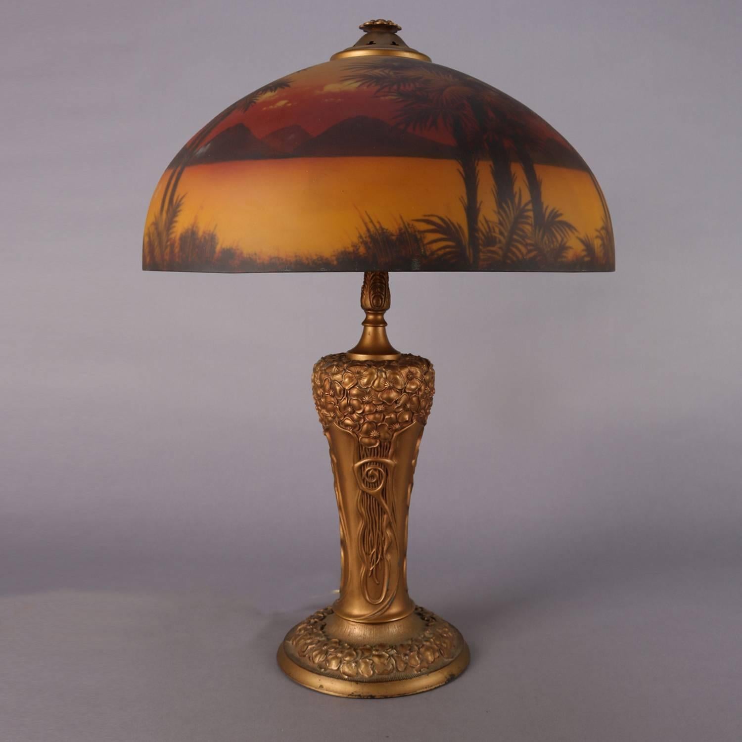 Hand-Painted Art & Crafts Pittsburgh Reverse Painted Phoenix Table Lamp, circa 1910