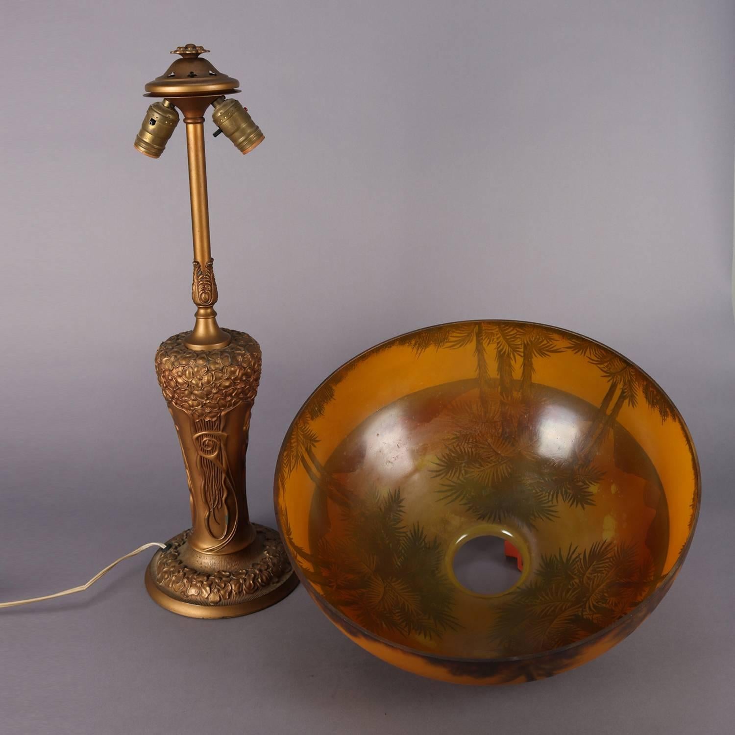Art & Crafts Pittsburgh Reverse Painted Phoenix Table Lamp, circa 1910 In Good Condition In Big Flats, NY