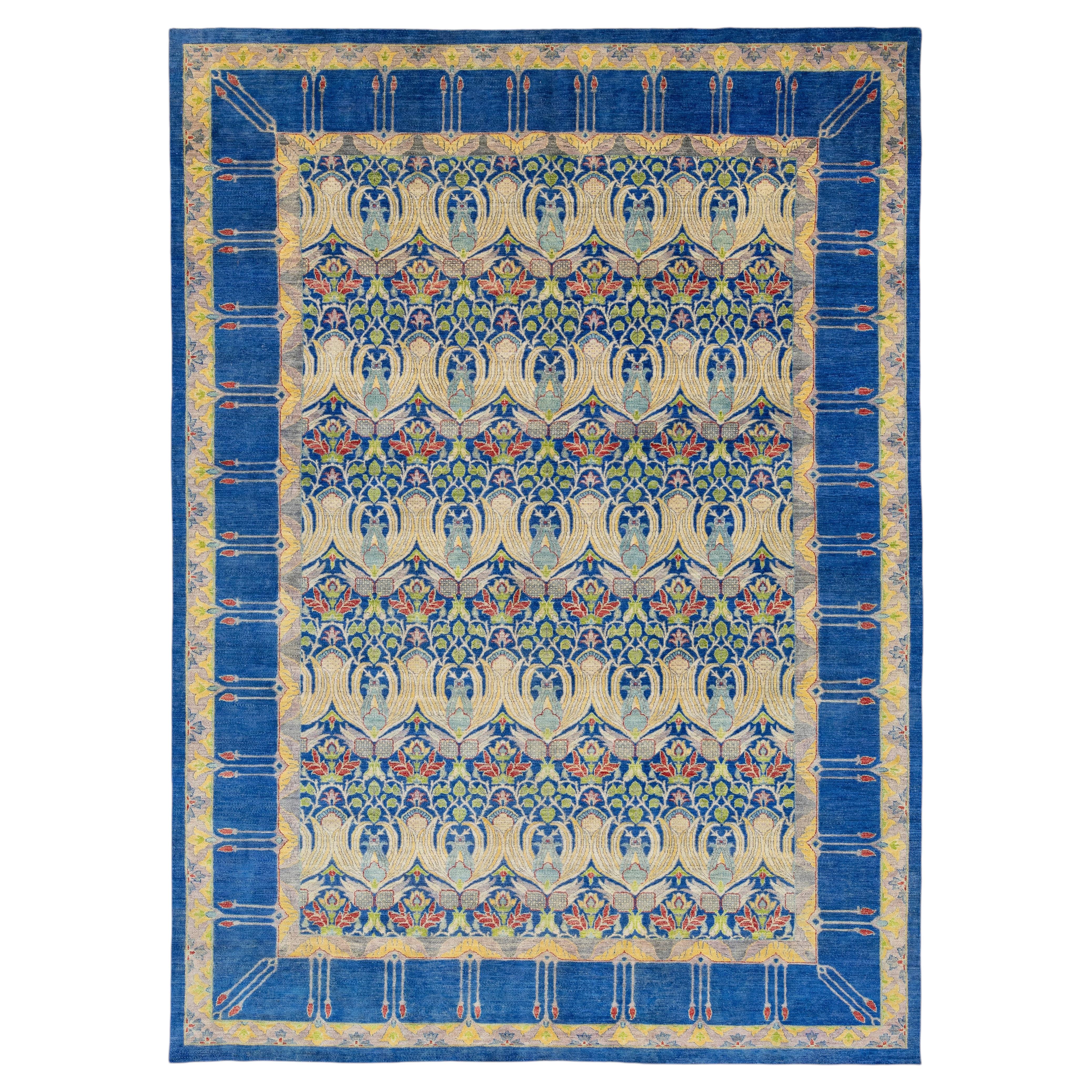 Art & Crafts Style Modern Hand-Knot Wool Area Rug in Vibrant Cobalt & Sage