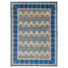 Art & Crafts Style Modern Hand-Knot Wool Area Rug in Vibrant Cobalt & Sage