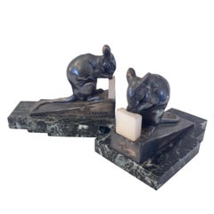 Art Deco Bookends, Mouse with Bacon by Maurice Frecourt, France, 1930s