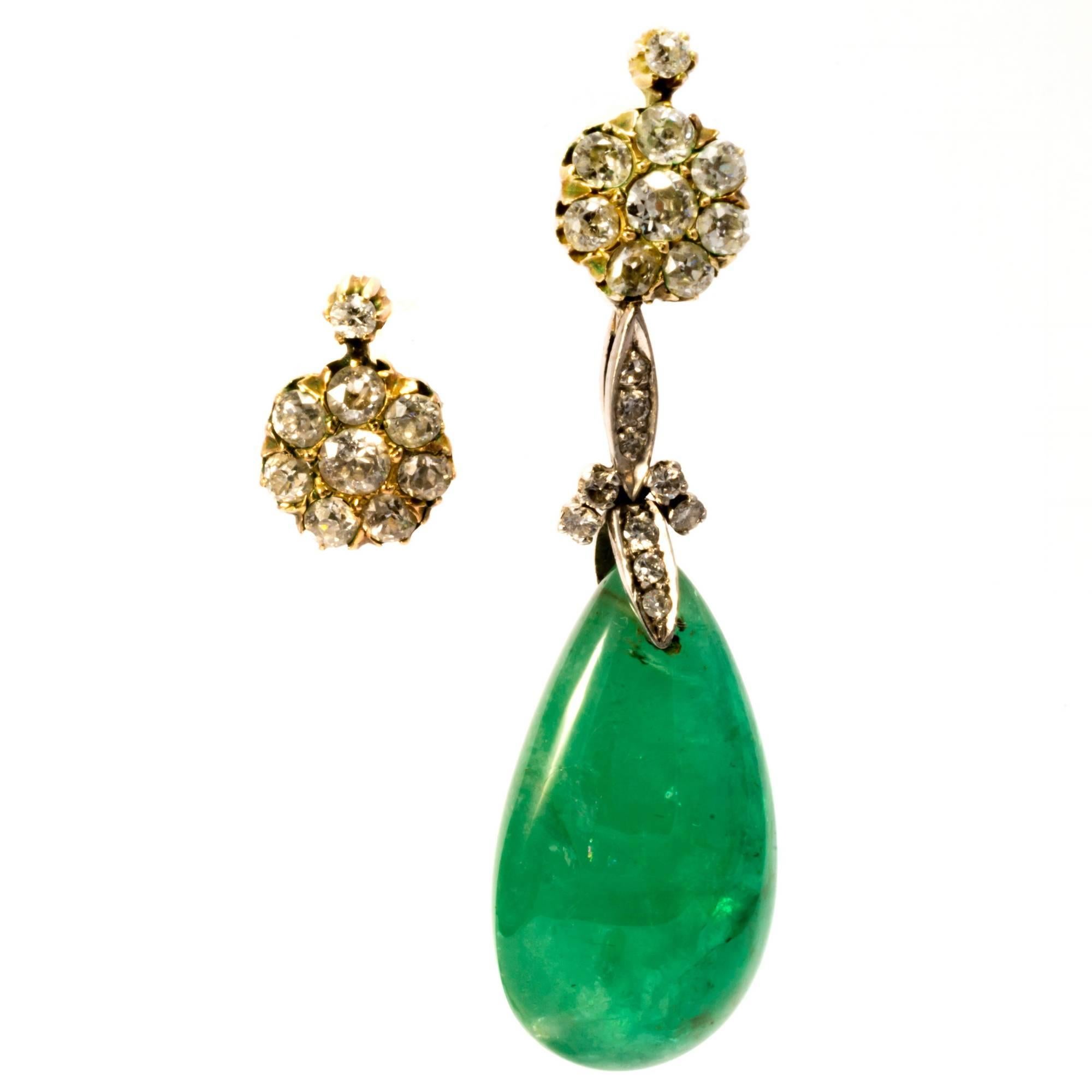 Old European Cut 18K Antique Art Deco 40 Carats Emerald Drop Diamond Dangle Convertible Earrings For Sale