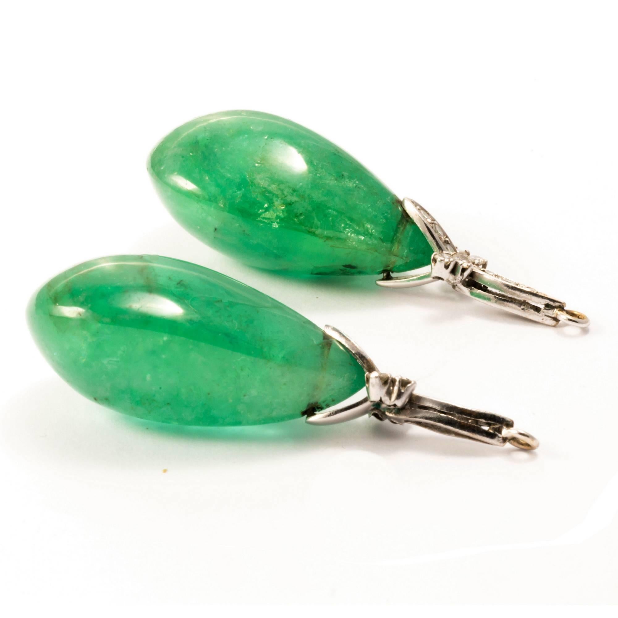 18K Antique Art Deco 40 Carats Emerald Drop Diamond Dangle Convertible Earrings For Sale 1