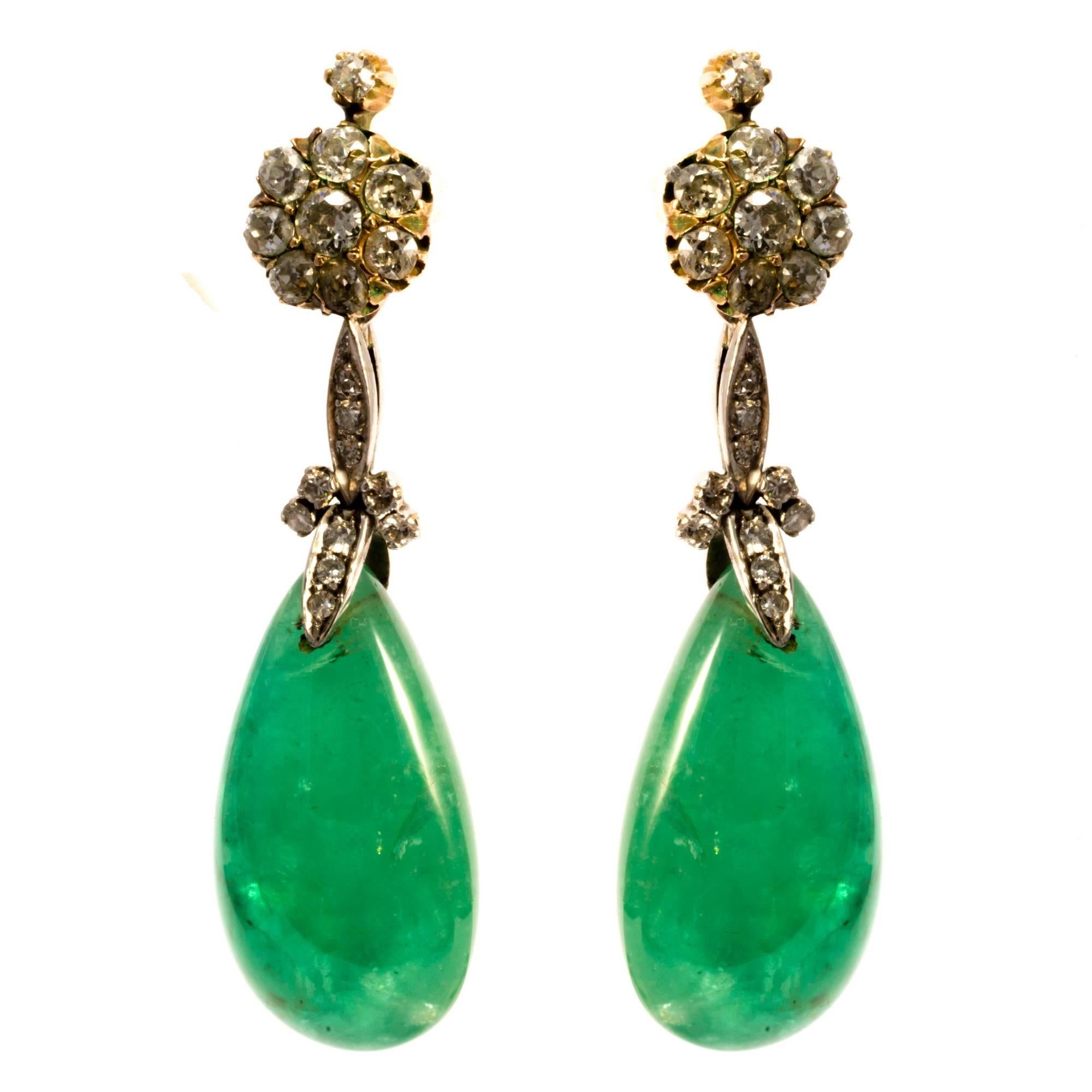 18K Antique Art Deco 40 Carats Emerald Drop Diamond Dangle Convertible Earrings For Sale