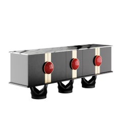 Art Deco Geometric Blac Sideboard, in Gloss Black Bird Eye, Handles in Gloss Red
