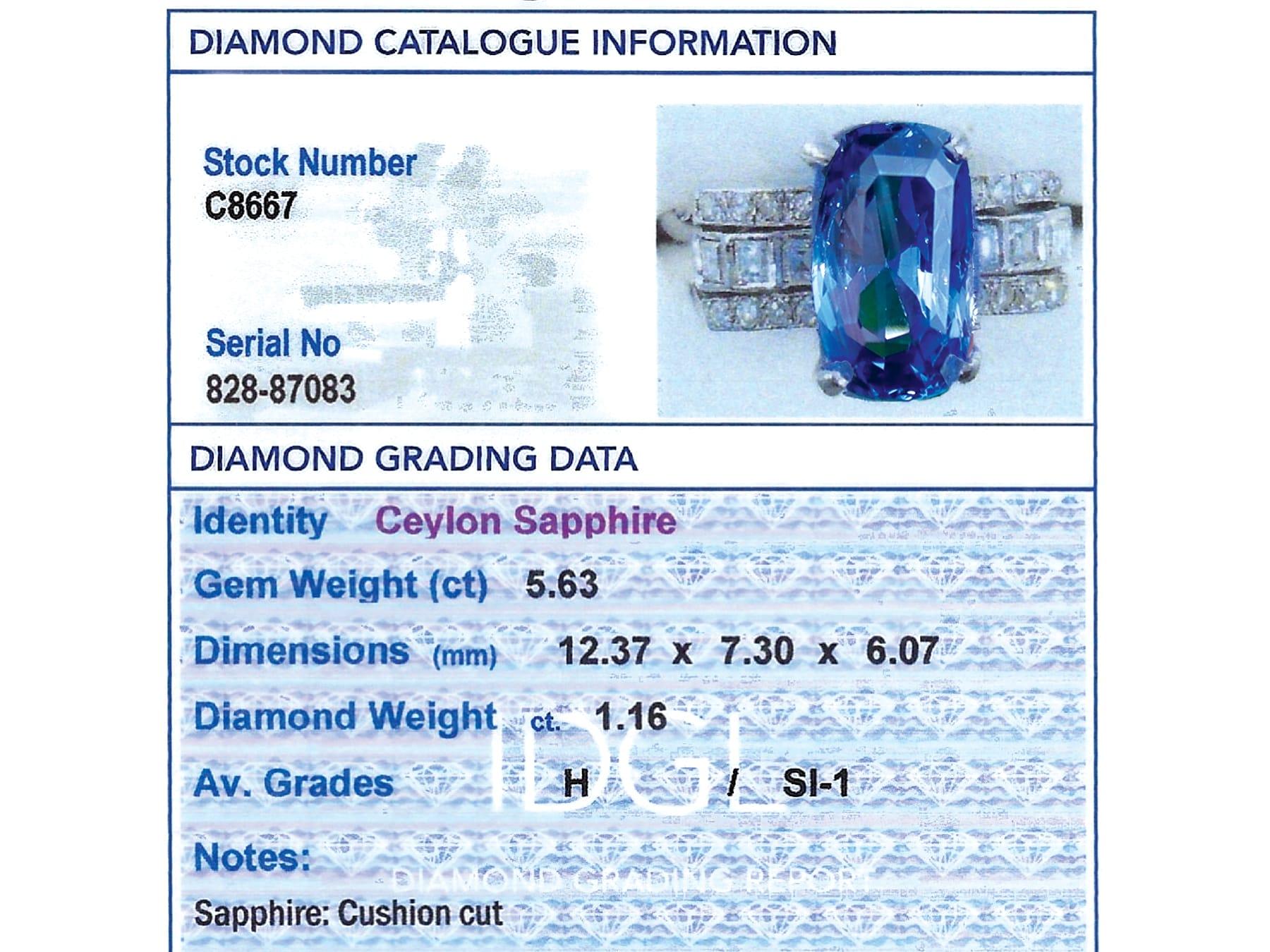 Art Dec 5.63 Carat Ceylon Sapphire and 1.16 Carat Diamond Ring in Platinum For Sale 5