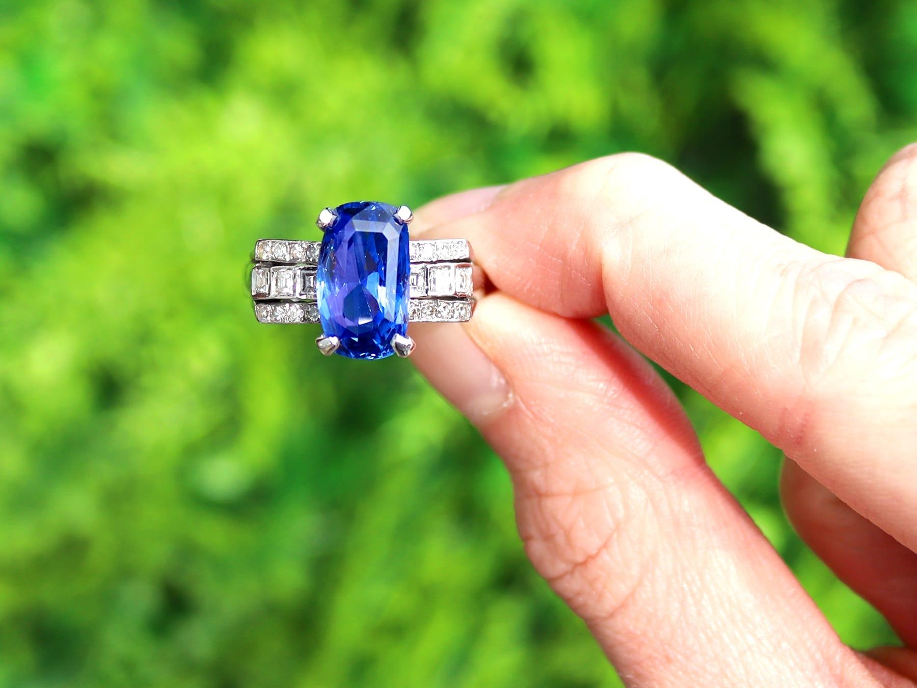 A stunning antique 5.63 carat Ceylon sapphire and 1.16 carat diamond, platinum Art Deco cocktail ring; part of our Sri Lankan sapphire rings collection.

This stunning, fine and impressive Ceylon sapphire ring has been crafted in platinum.

The