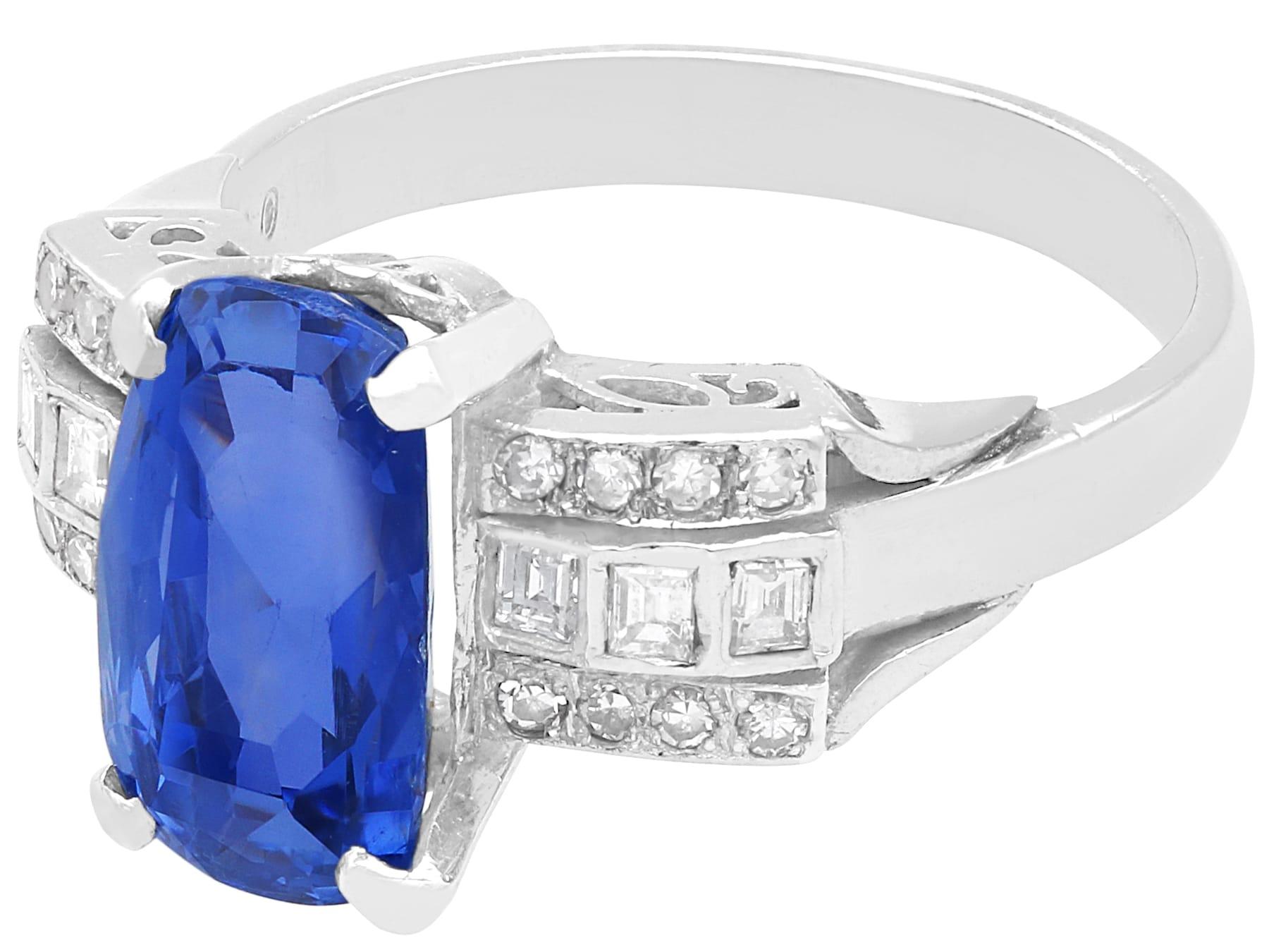 Oval Cut Art Dec 5.63 Carat Ceylon Sapphire and 1.16 Carat Diamond Ring in Platinum For Sale