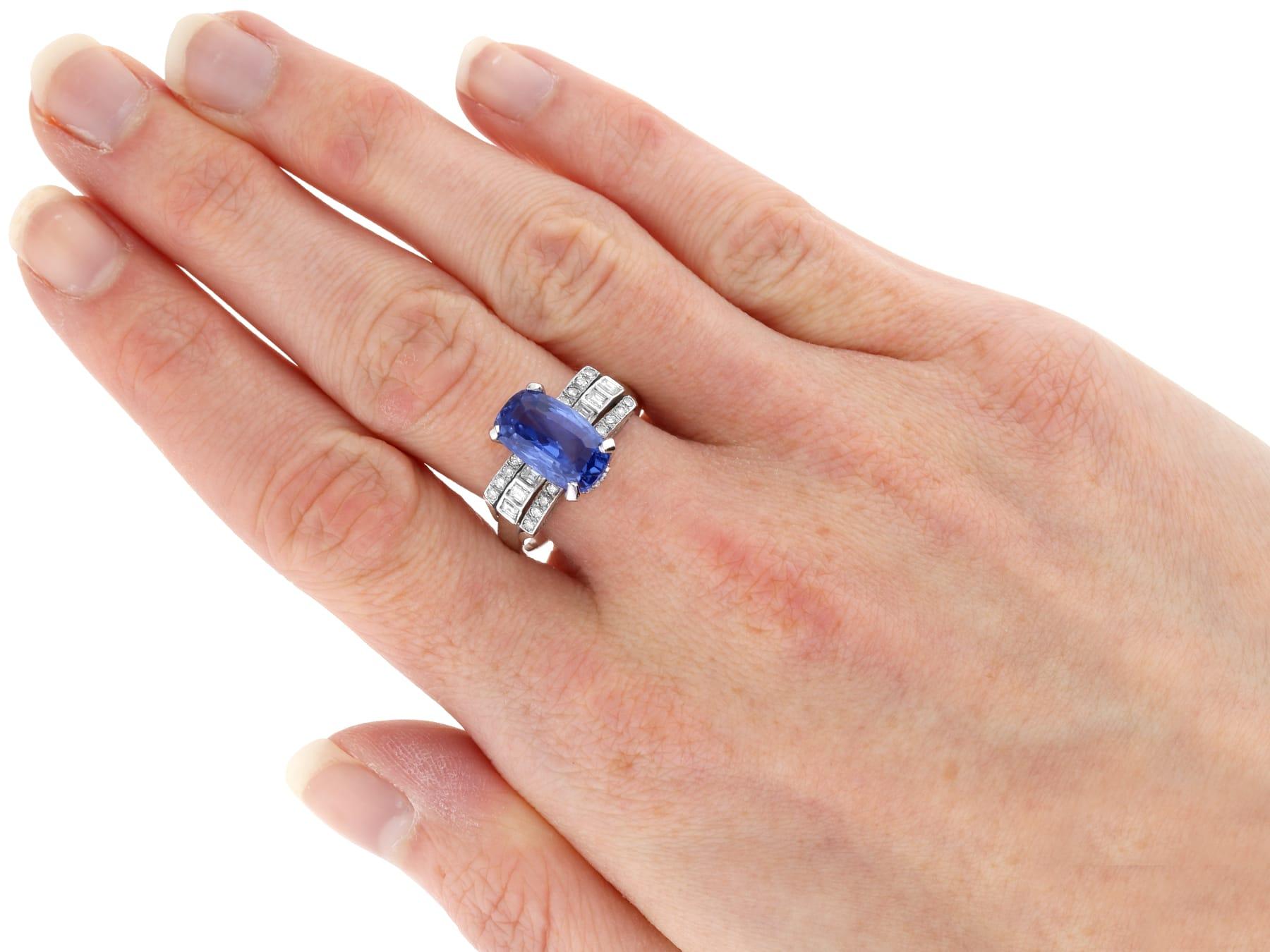Art Dec 5.63 Carat Ceylon Sapphire and 1.16 Carat Diamond Ring in Platinum For Sale 2