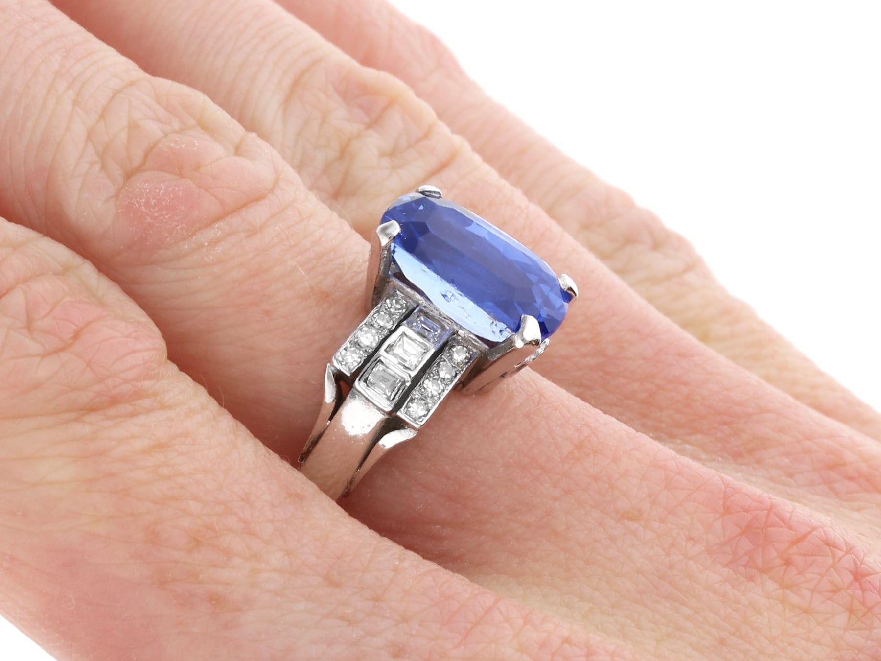 Art Dec 5.63 Carat Ceylon Sapphire and 1.16 Carat Diamond Ring in Platinum For Sale 3