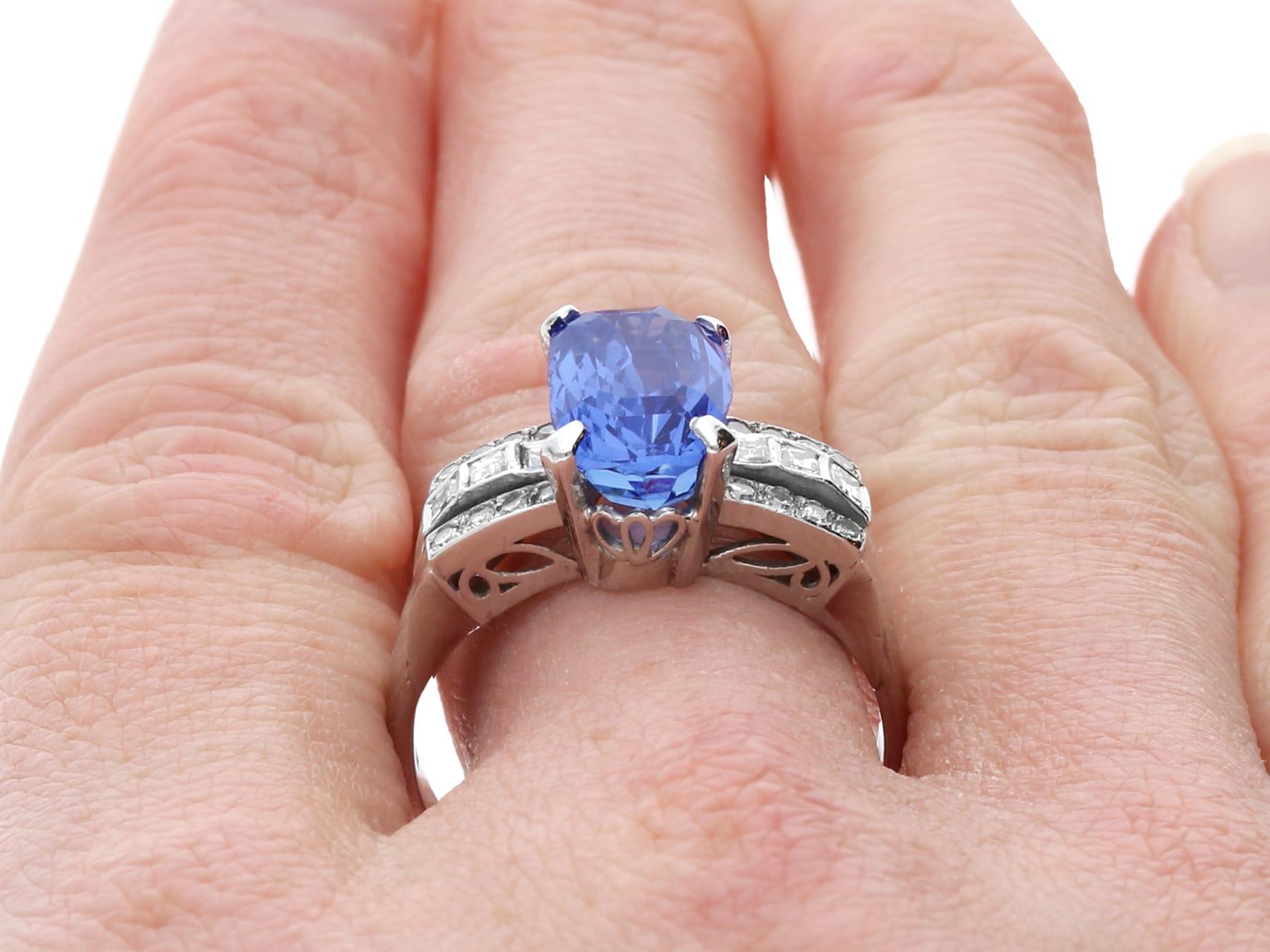 Art Dec 5.63 Carat Ceylon Sapphire and 1.16 Carat Diamond Ring in Platinum For Sale 4