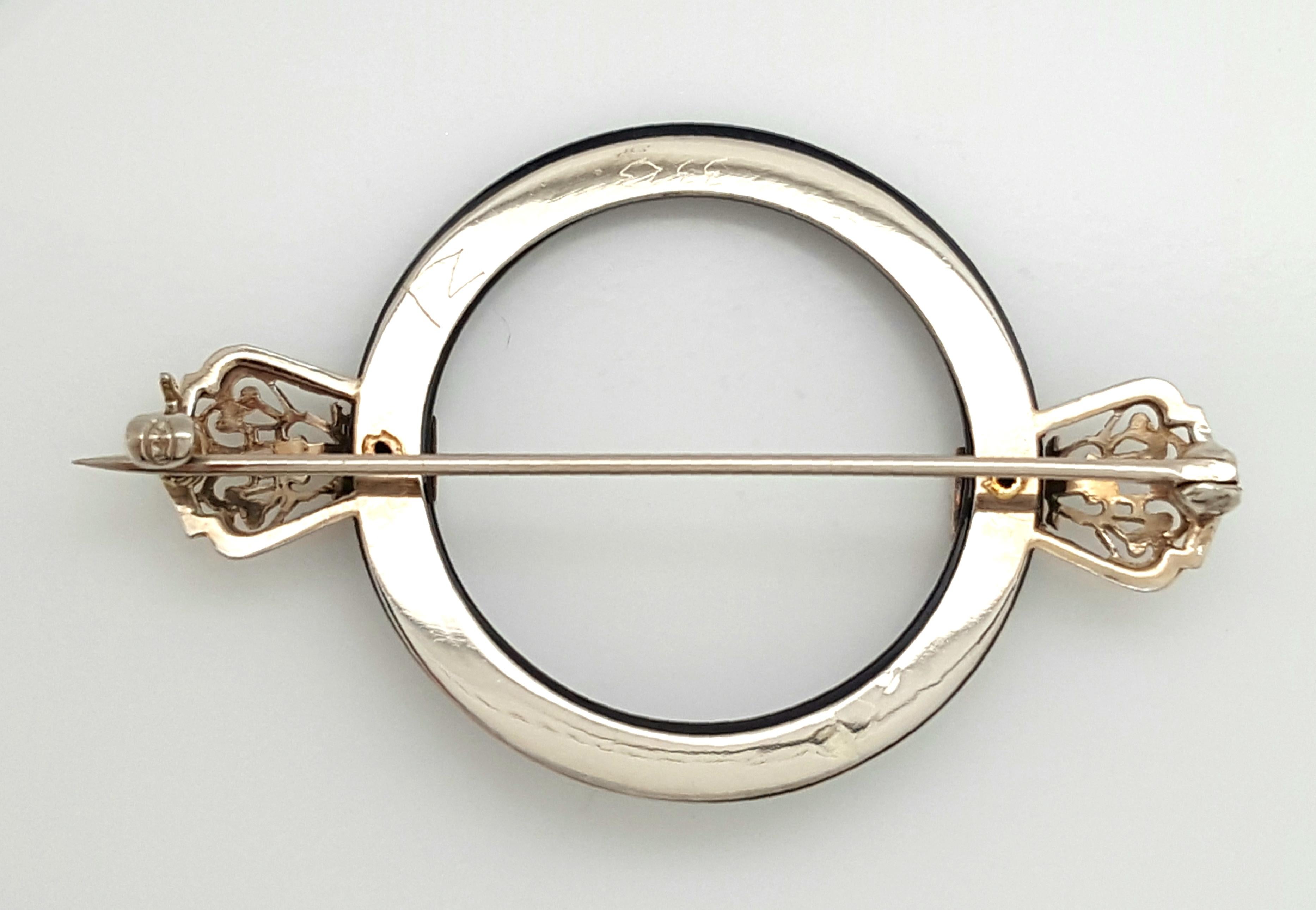 Art Deco 0.06 Carat Old European Cut Diamond with Black Onyx Circle Brooch Pin 2