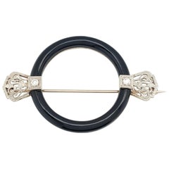 Art Deco 0.06 Carat Old European Cut Diamond with Black Onyx Circle Brooch Pin
