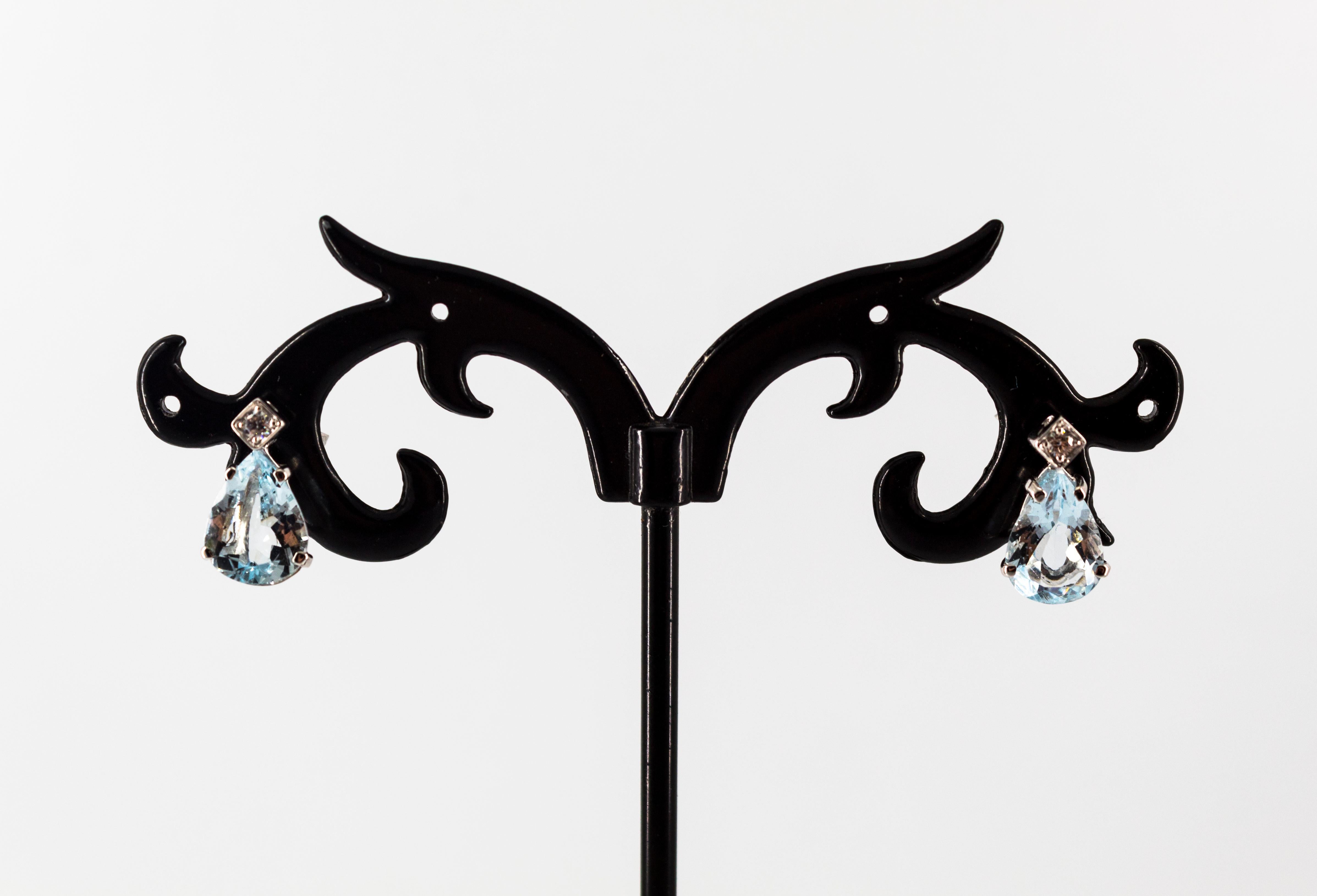 Pear Cut Art Deco Style 0.06 Carat Diamond 2.40 Carat Aquamarine White Gold Stud Earrings