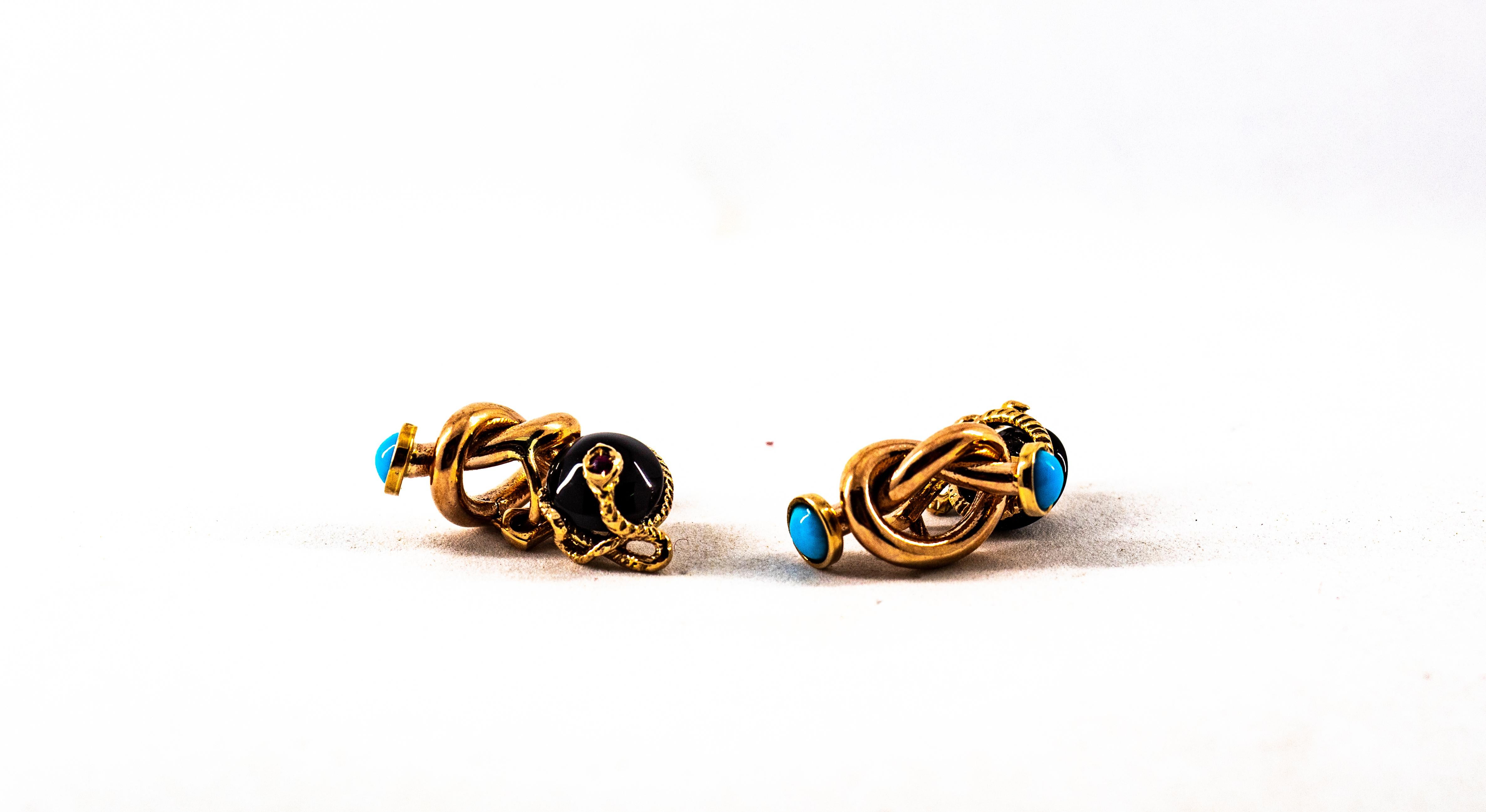 Boutons de manchette « Nœud » de style Art déco en or jaune avec rubis, turquoise et onyx de 0,08 carat Neuf - En vente à Naples, IT