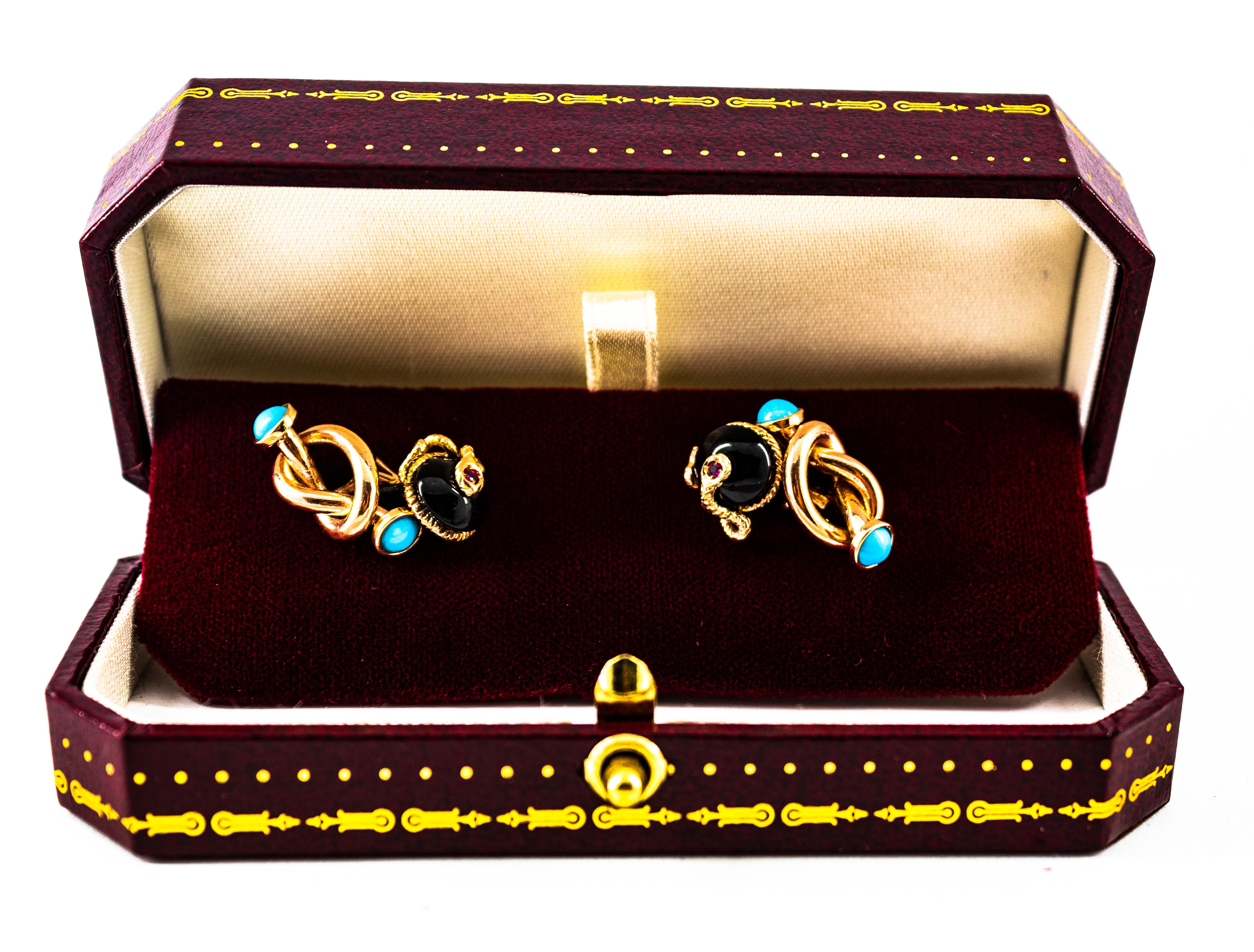 Boutons de manchette « Nœud » de style Art déco en or jaune avec rubis, turquoise et onyx de 0,08 carat en vente 2