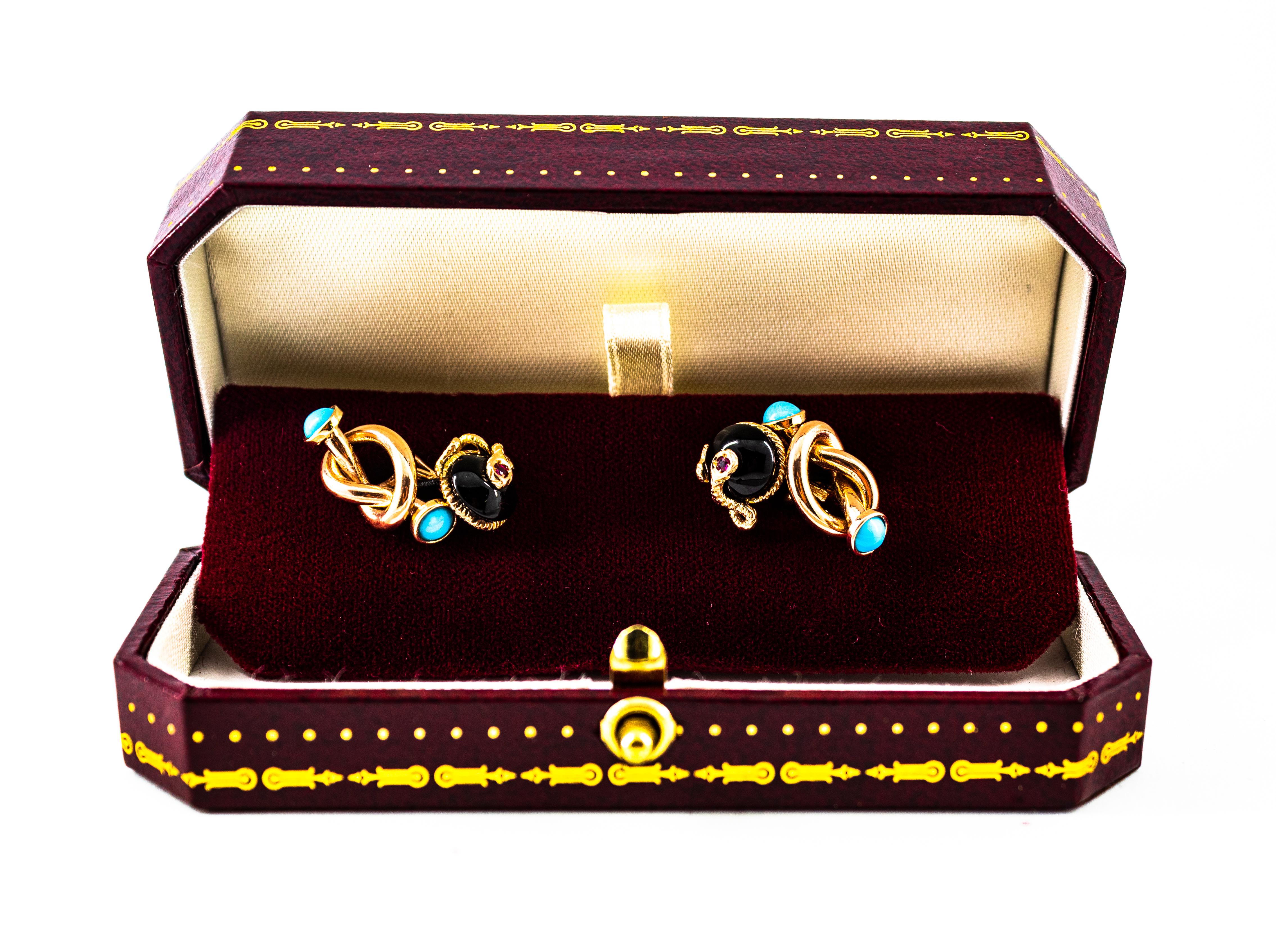 Boutons de manchette « Nœud » de style Art déco en or jaune avec rubis, turquoise et onyx de 0,08 carat en vente 3