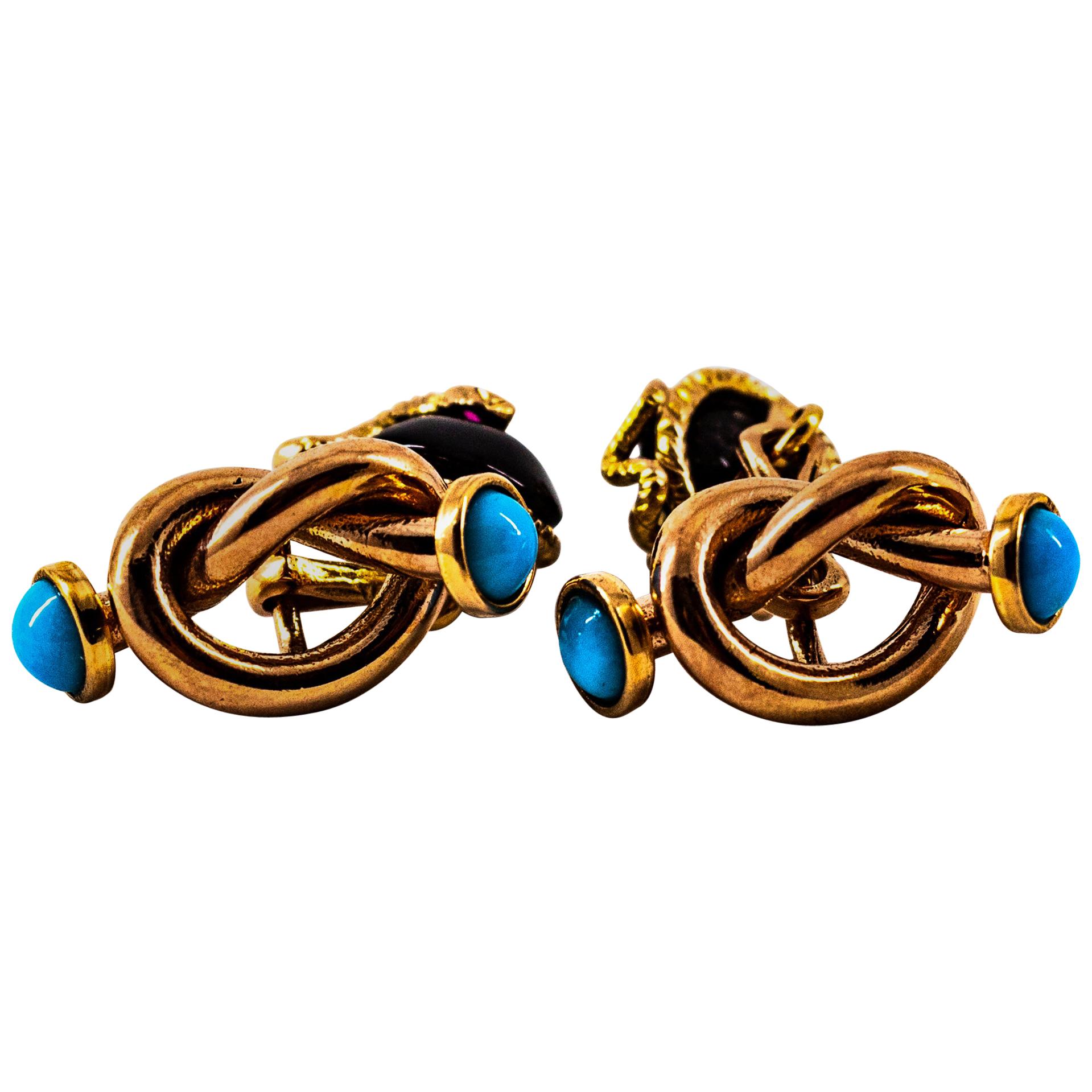 Art Deco Style 0.08 Carat Ruby Turquoise Onyx Yellow Gold "Knot" Cufflinks