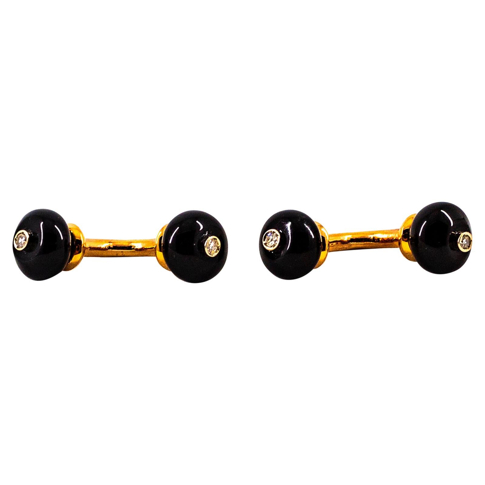 Art Deco Style 0.08 Carat Modern Round Cut Diamond Onyx Yellow Gold Cufflinks